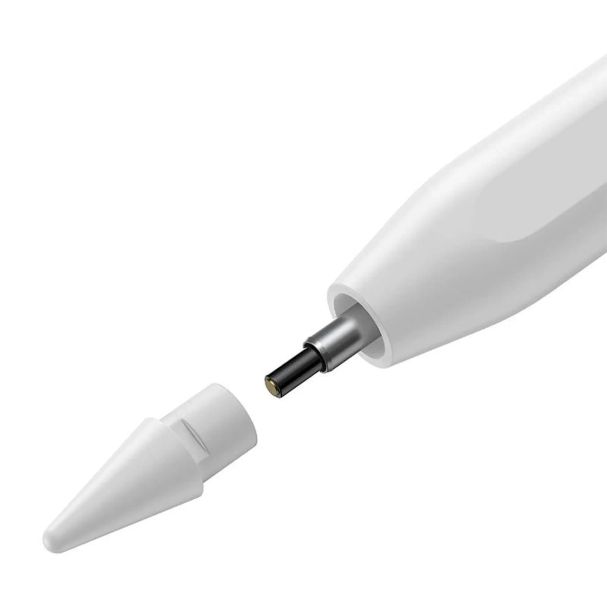 Weißer Stylus-Stift mit abnehmbarer Spitze. Die Spitze ist entfernt und zeigt den inneren Teil.