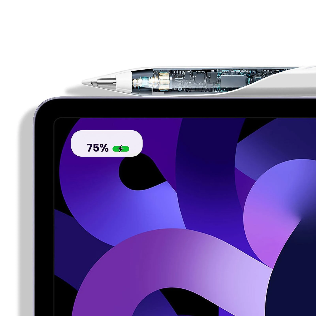 Ein iPad mit einem Stift, der geladen wird. Es zeigt 75% Akku und ein Blitzsymbol.