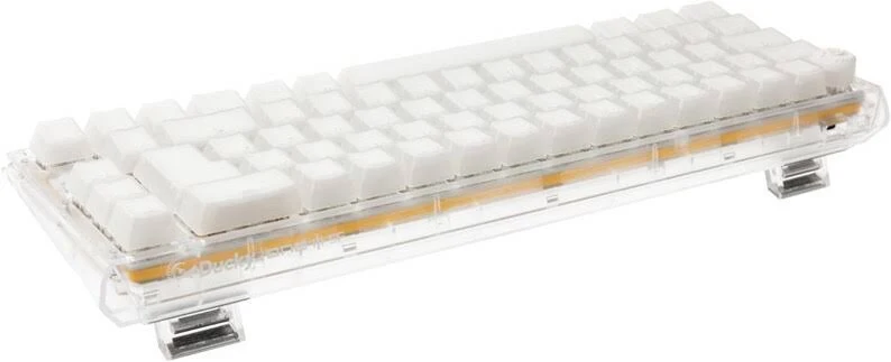Tastiera con tasti bianchi su base trasparente. Ha lati in plastica trasparente.