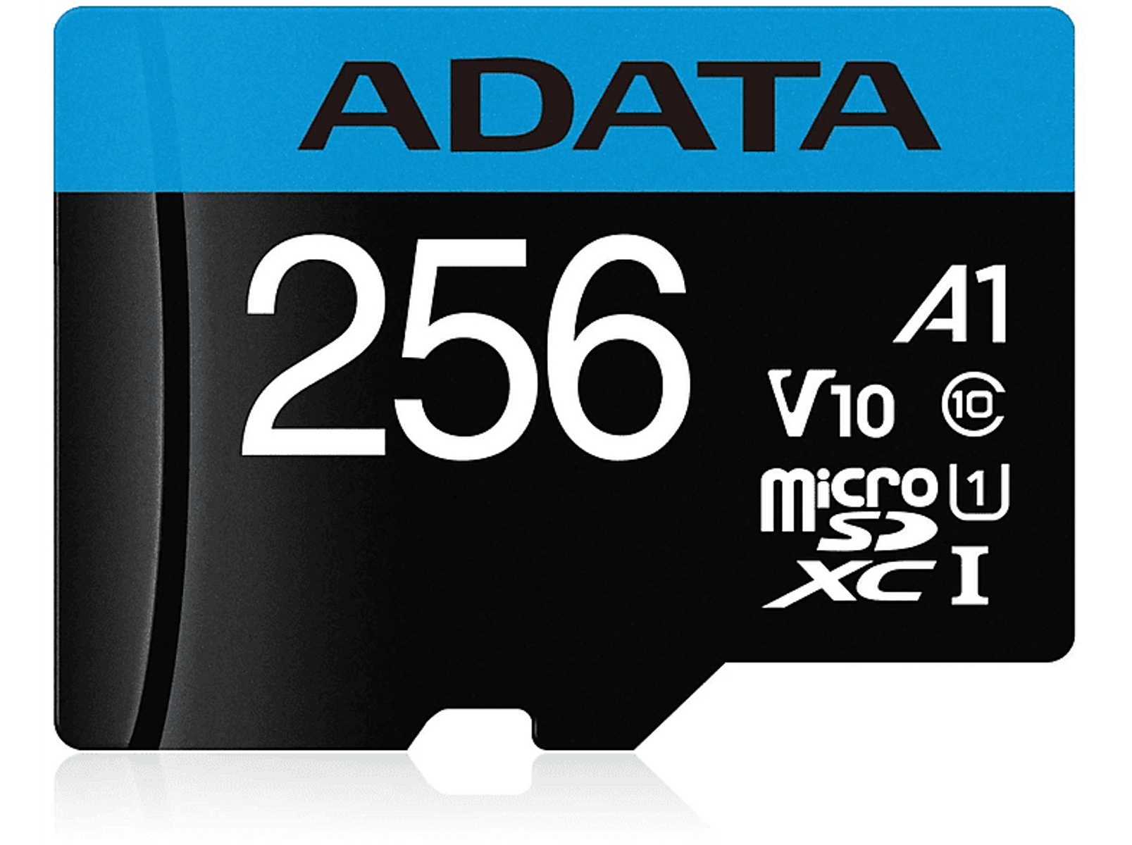 Karta Micro SD z białym tekstem na czarnym i niebieskim tle. Tekst zawiera 'ADATA' i '256'.
