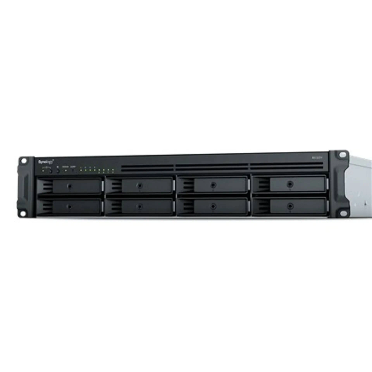 Schwarzes Server-Rack mit mehreren Laufwerksschächten. Das Gerät ist rechteckig und hat einen Power-Knopf.