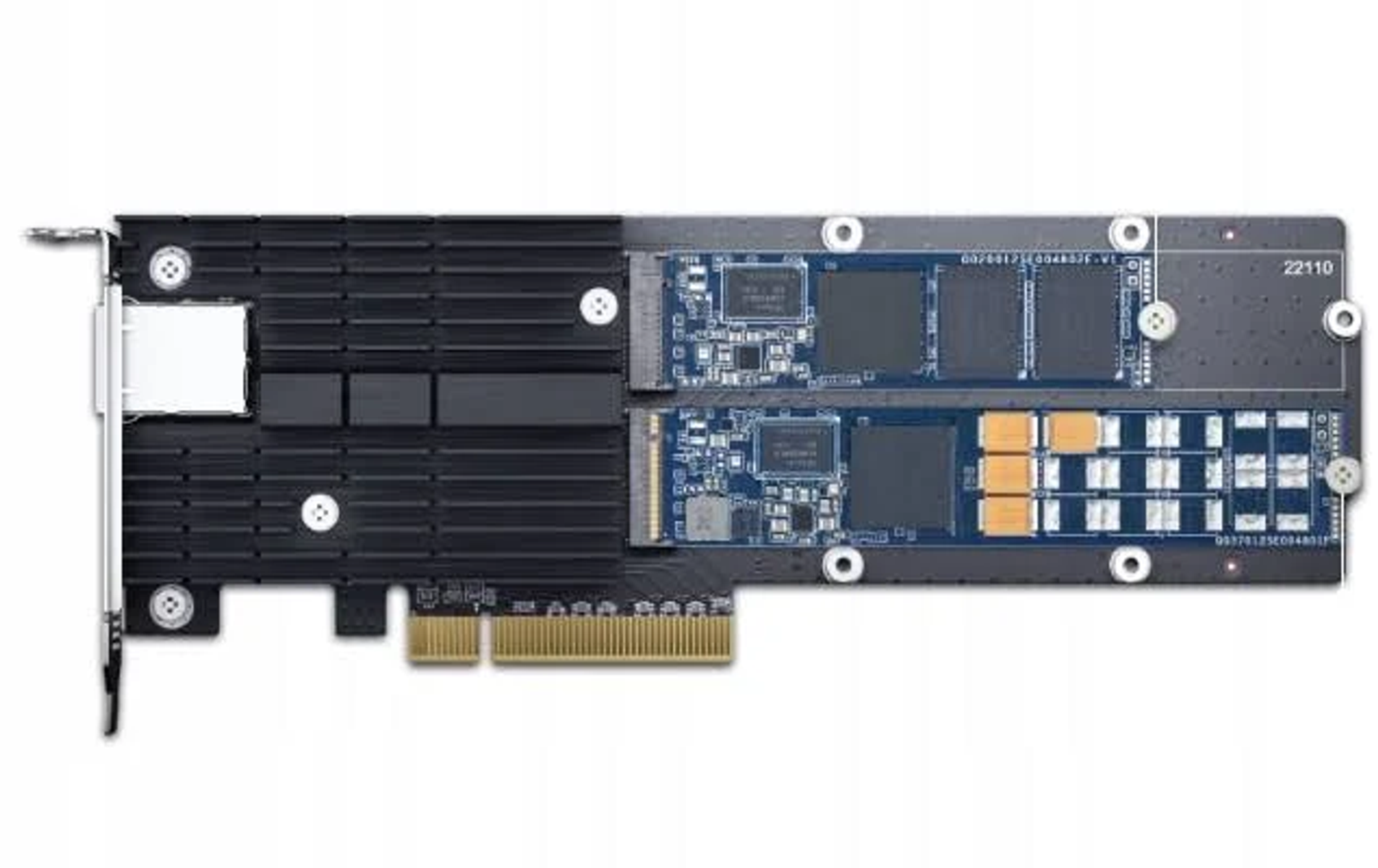 Eine Computerkomponente mit mehreren Chips und Anschlüssen. Sie ist auf einem schwarzen Kühlkörper montiert.