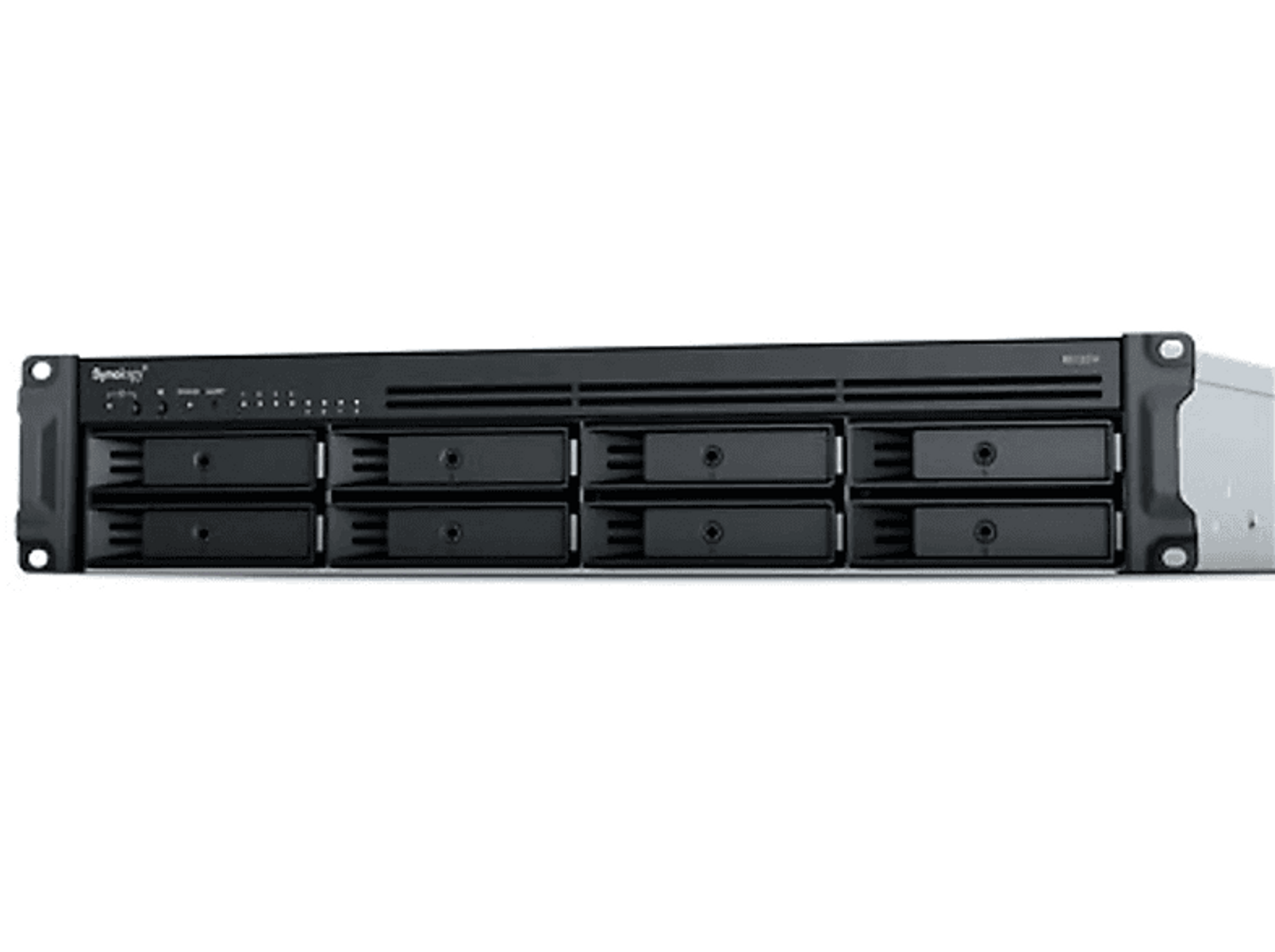 Schwarzes Server-Rack mit mehreren Laufwerksschächten. Das Gerät ist rechteckig und hat einen Power-Knopf.