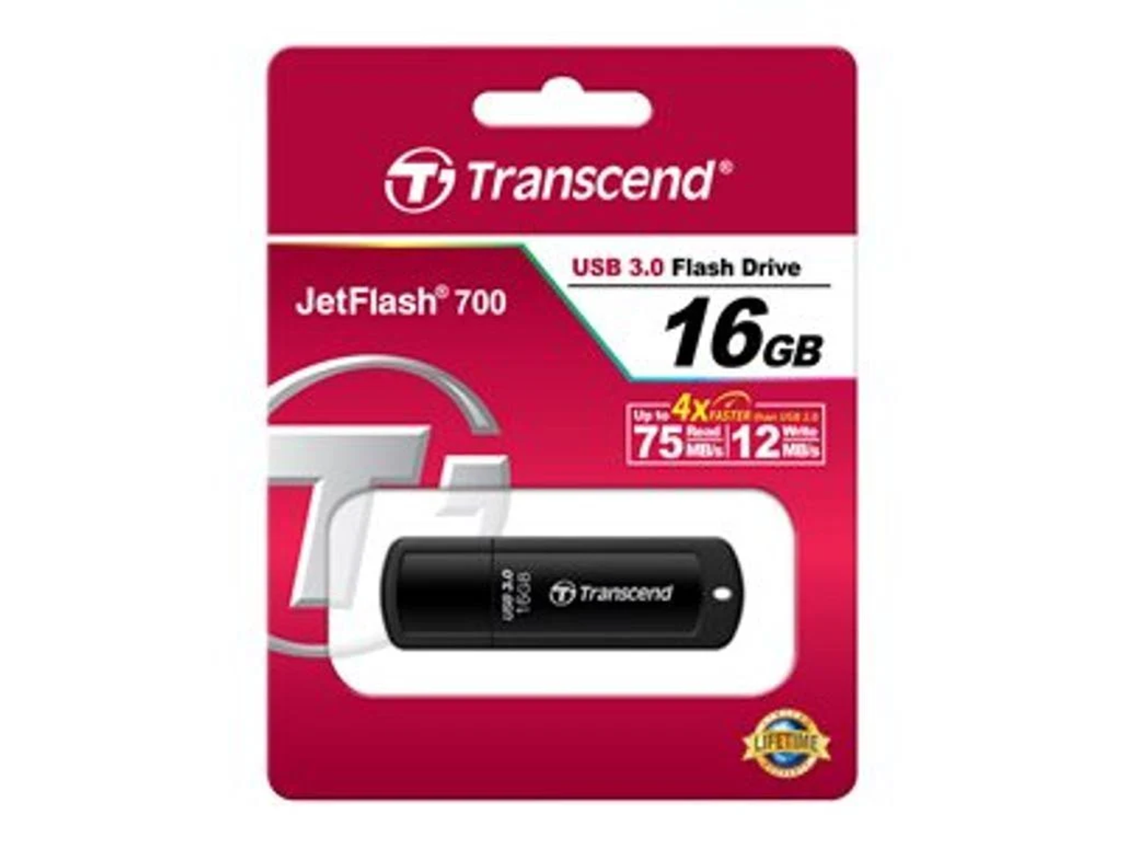 Dysk flash USB 3.0 Transcend 16 GB w czerwono-białym opakowaniu.