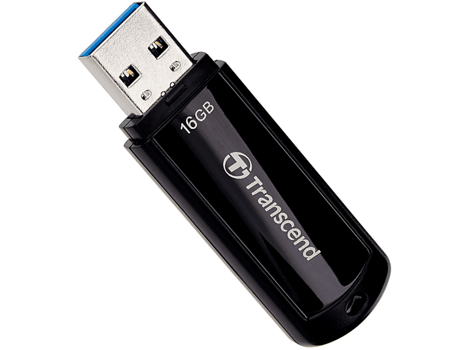 Czarny pendrive USB Transcend 16 GB ze srebrnym złączem USB.
