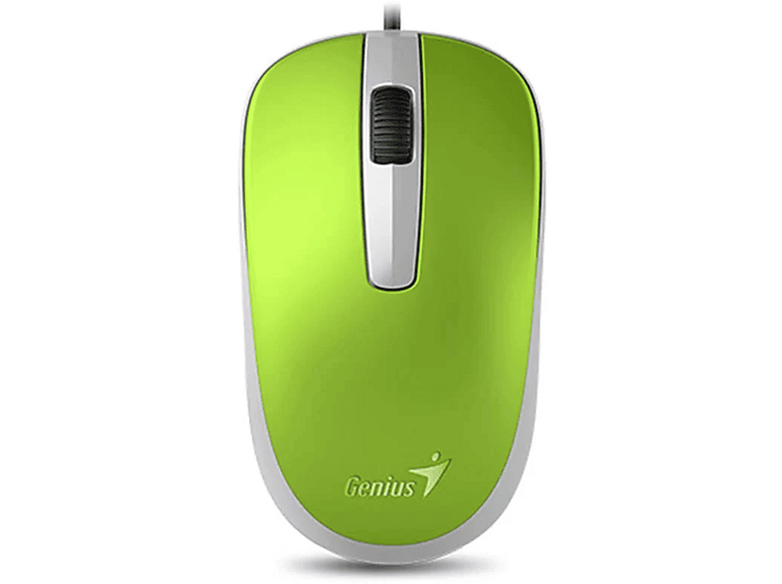 Grüne und weiße Computermaus. Das Genius-Logo ist sichtbar. Der Hintergrund ist schwarz.