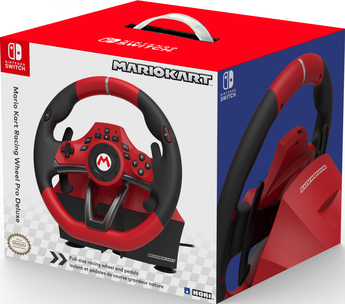 Zestaw kierownicy i pedałów do gier wyścigowych Mario Kart w kolorach czerwono-czarnych w pudełku.