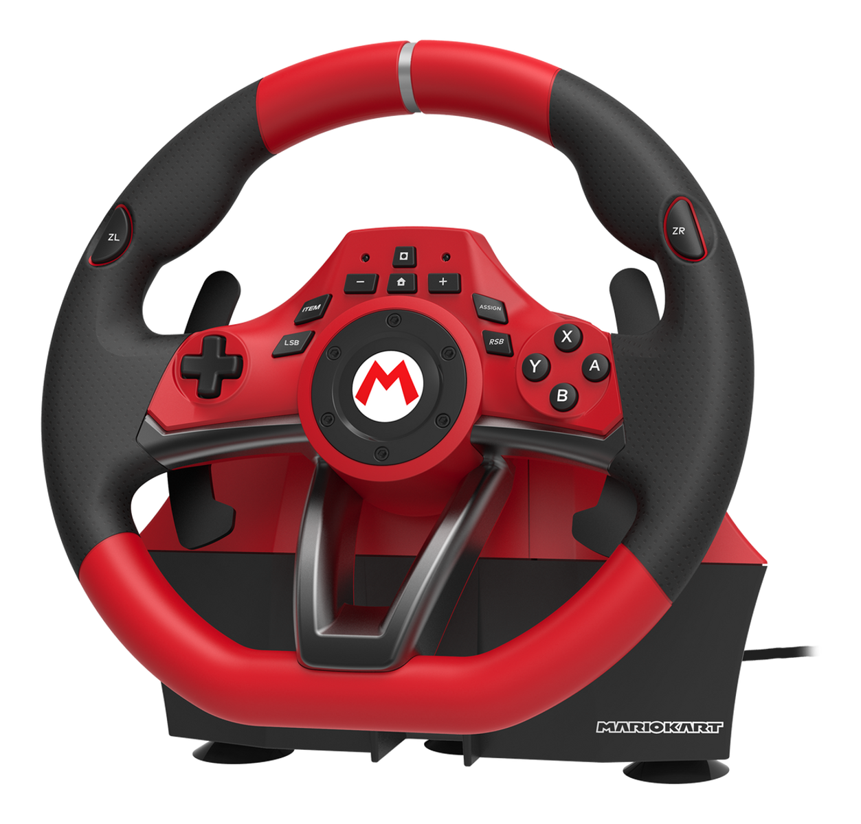 Czerwono-czarna kierownica Mario Kart z przyciskami i logo.