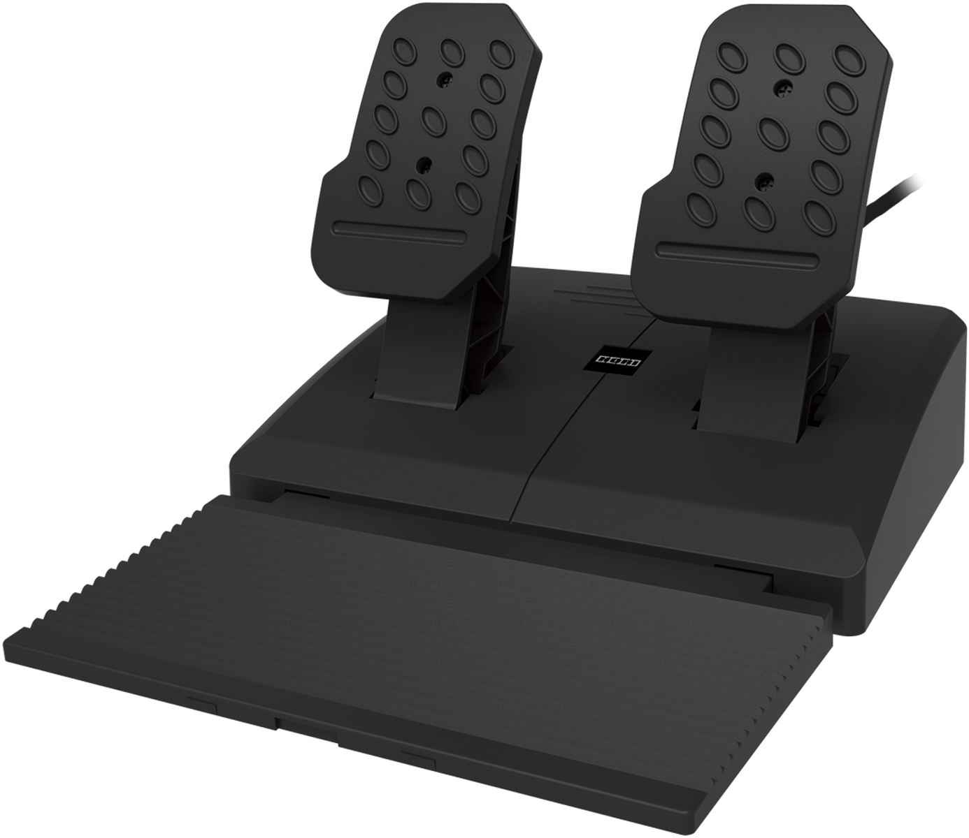 Czarne pedały do kierownicy Hori na czarnej podstawie. Widok pod kątem.