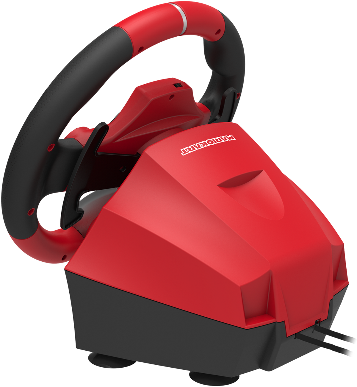 Czerwono-czarna kierownica Mario Kart z logo 'Mario Kart'.