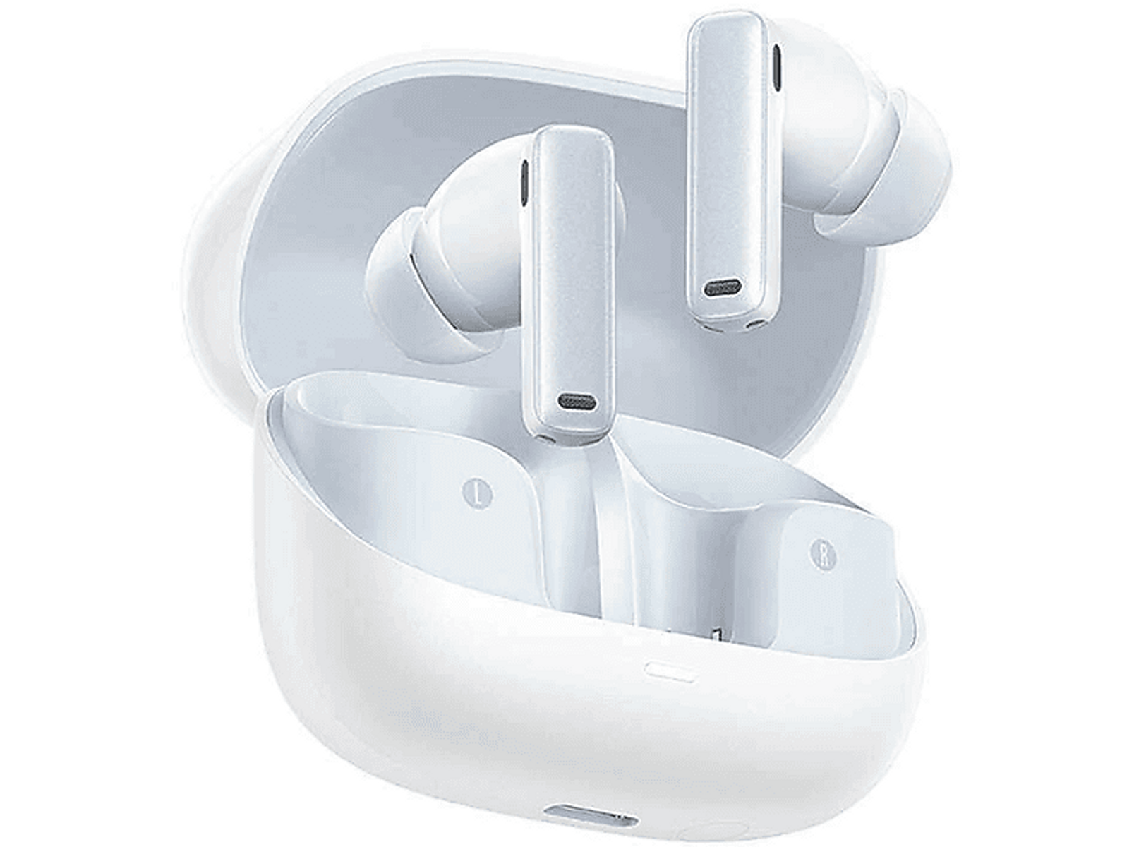 Białe bezprzewodowe słuchawki w etui ładującym. Słuchawki otwarte, z oznaczeniami lewo i prawo w środku.