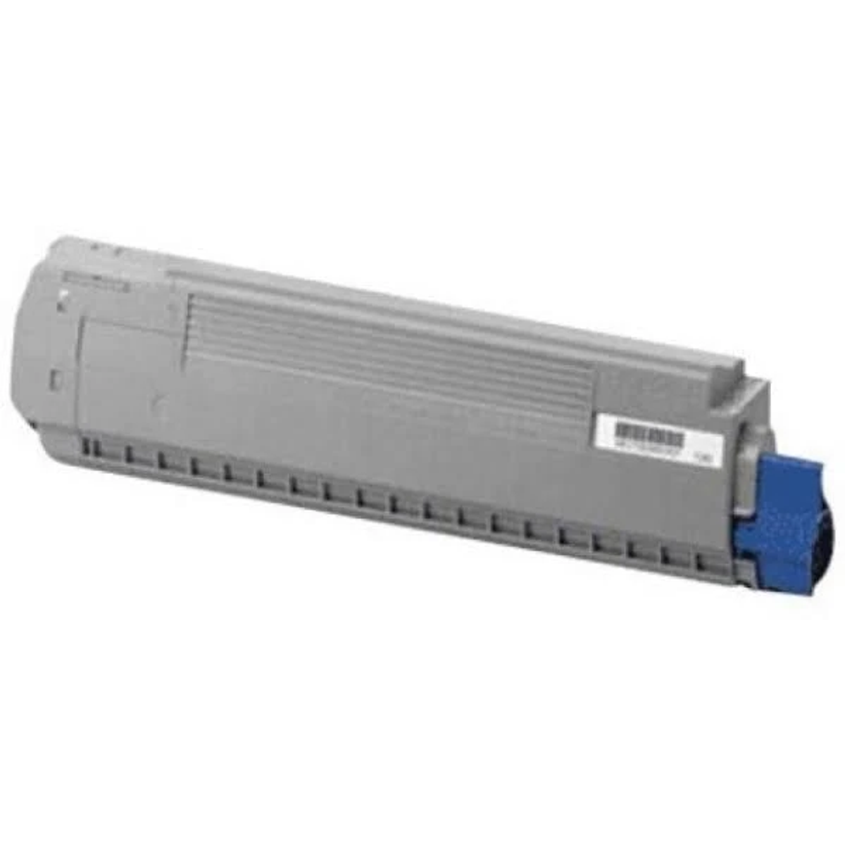 Szary wkład z tonerem z niebieskim zakończeniem, na białym tle.