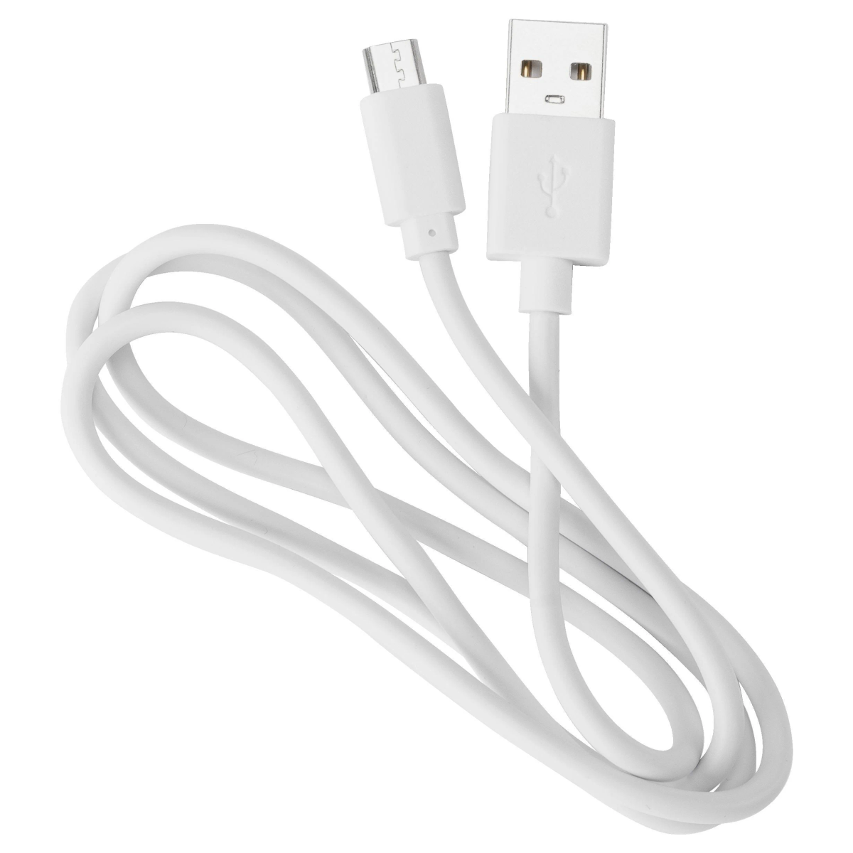 Weißes USB-Kabel, ein Ende USB-A, das andere Micro-USB, liegt auf weißem Untergrund.