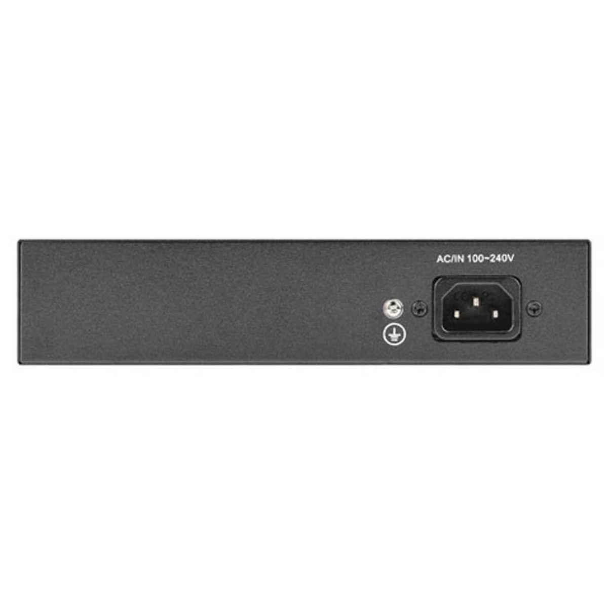 Tył czarnego przełącznika sieciowego ze złączem zasilania.