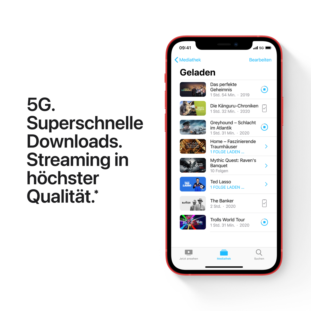 Ekran czerwonego iPhone'a z aplikacją do streamingu. Tekst po lewej. Białe tło.
