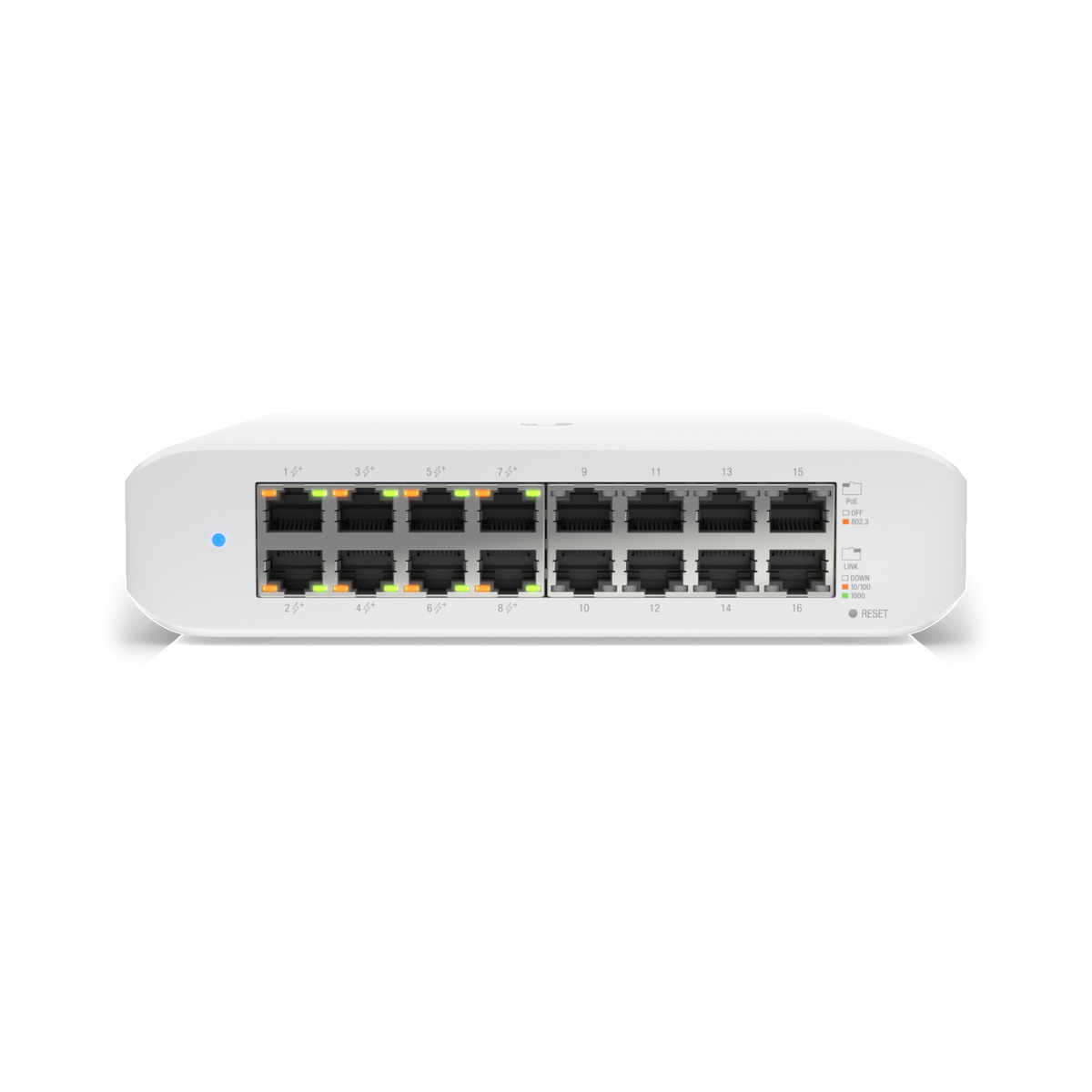 Witte netwerkswitch met 16 poorten, LED-lampjes en een resetknop.