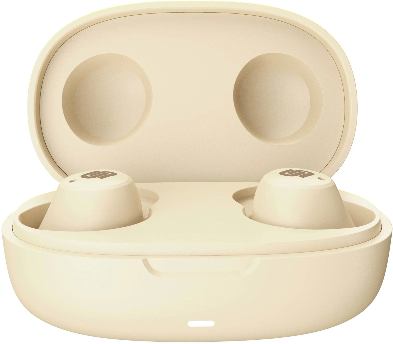 Otwarty, jasnożółty futerał na słuchawki z dwoma słuchawkami w środku. Oba mają małe logo.