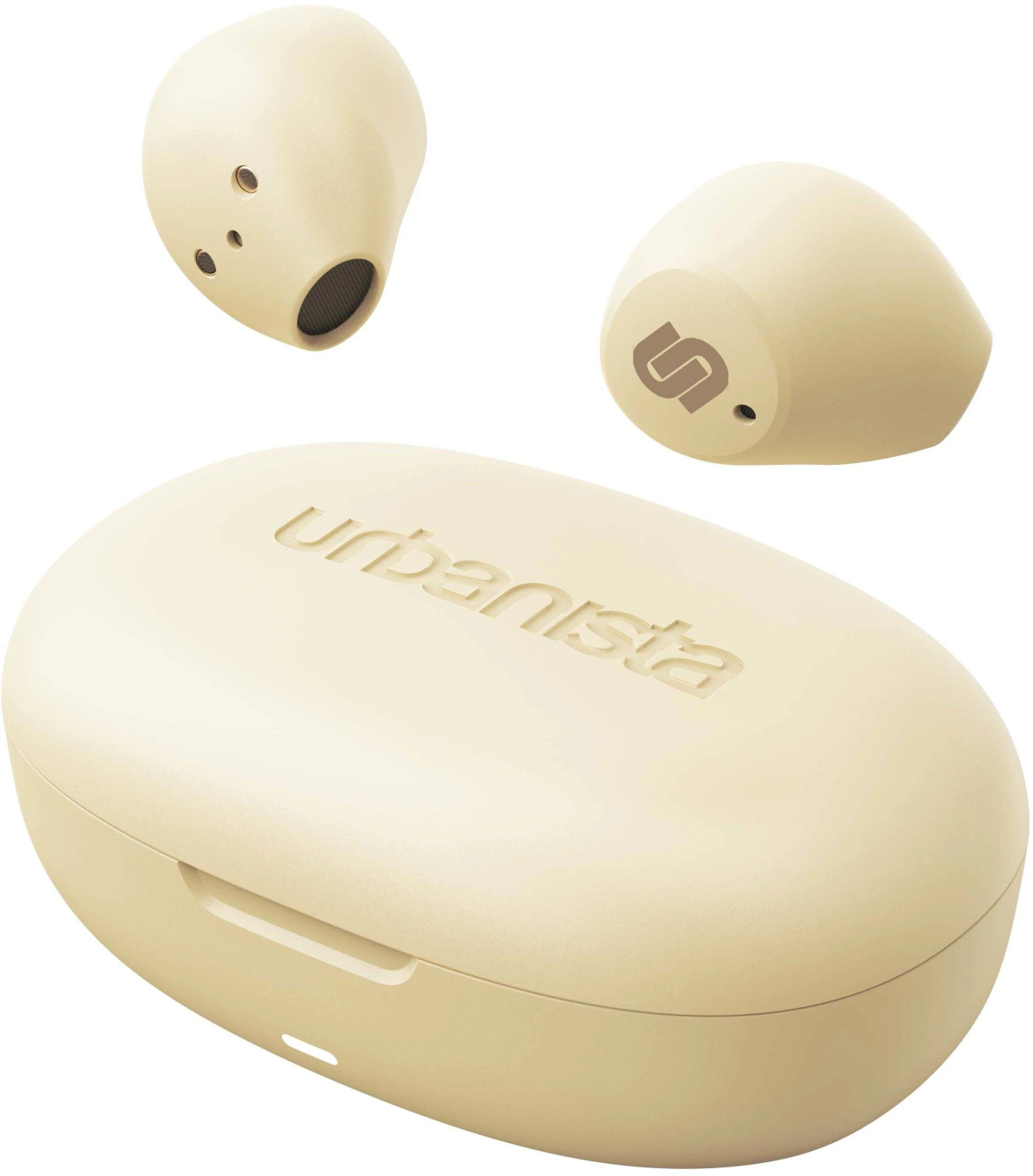 Beżowe słuchawki bezprzewodowe i etui ładujące na białym tle. Etui jest owalne.