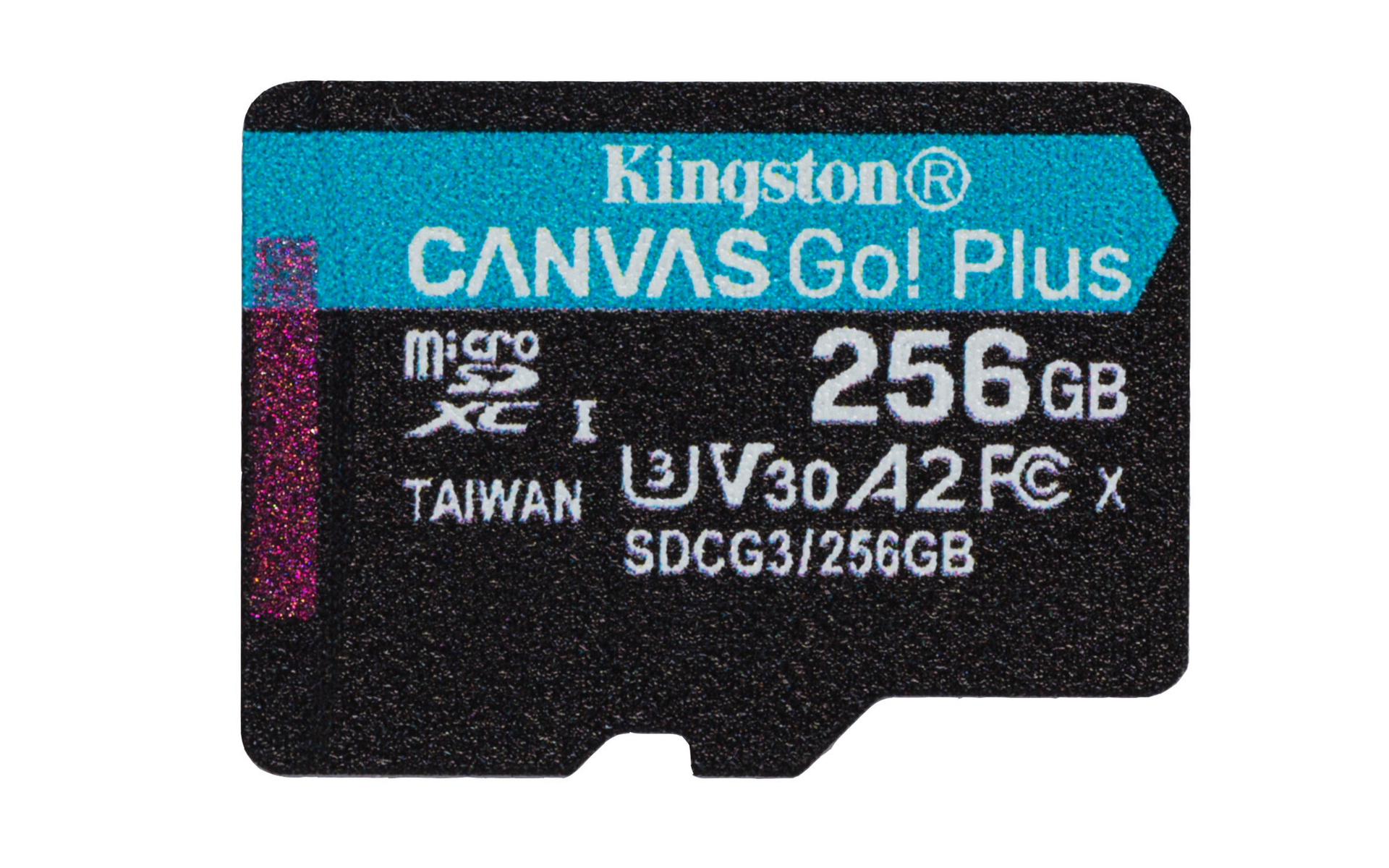 Scheda microSD Kingston Canvas Go! Plus 256GB, nera, con etichette blu e verde acqua.