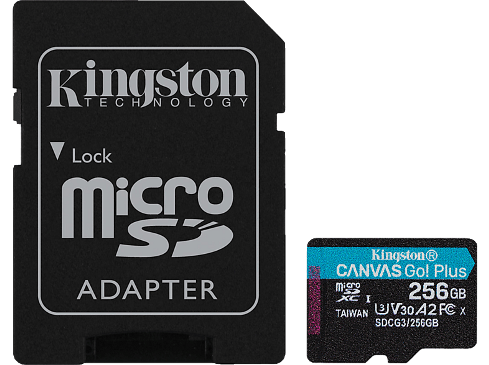 Due schede SD e un adattatore. Una scheda piccola, l'altro un adattatore nero con il logo Kingston.