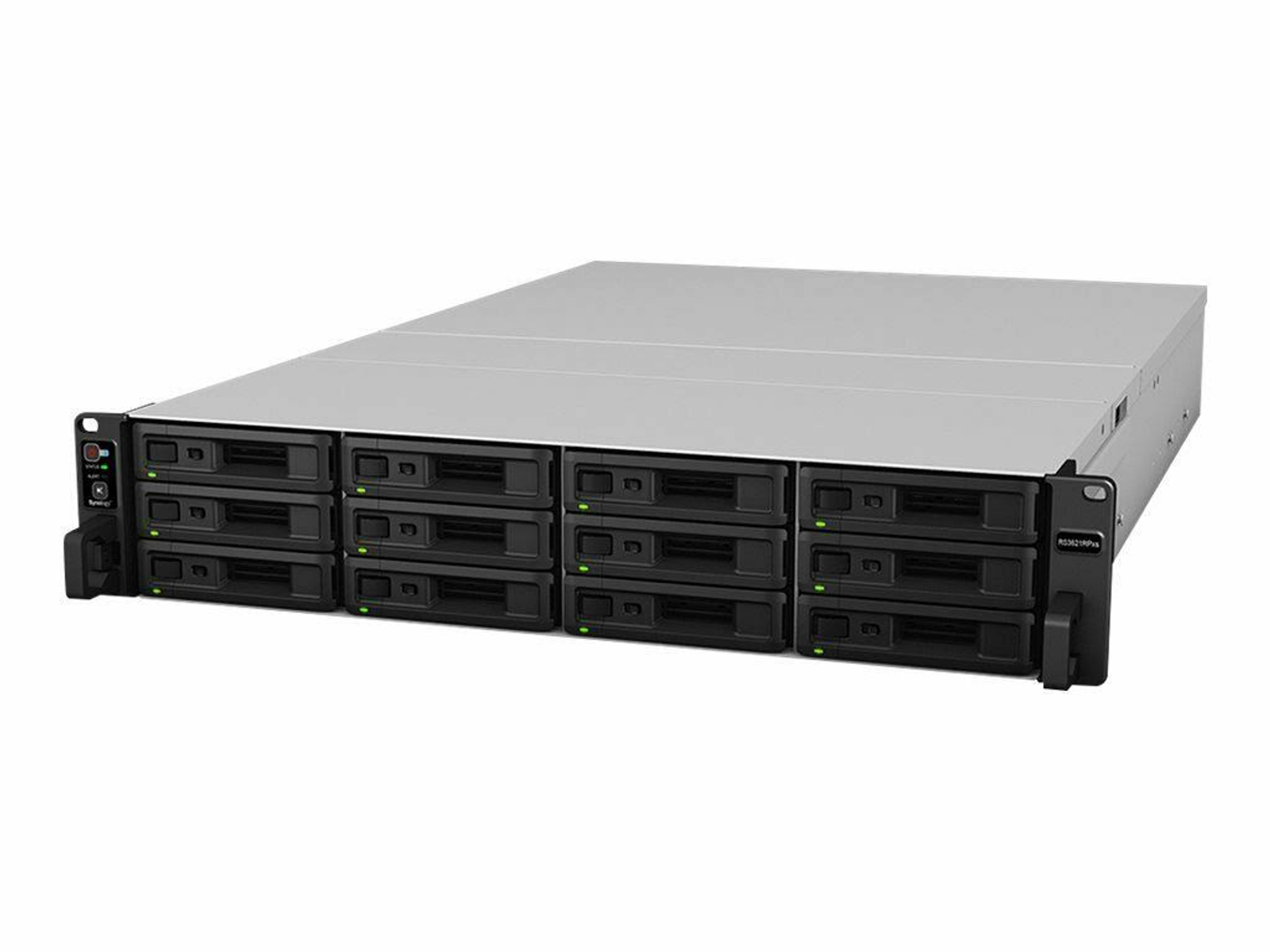 Grauer Server mit mehreren Laufwerksschächten. Das Gerät ist rechteckig und hat einen Power-Knopf.