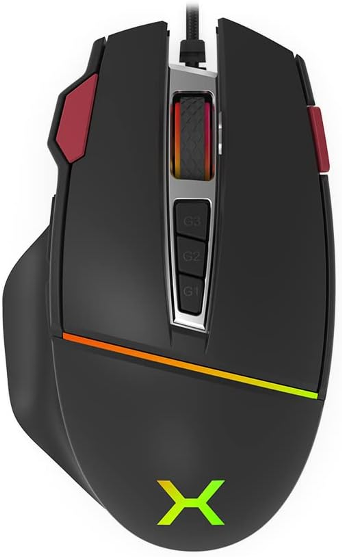 Czarna mysz do gier, widok z góry. Posiada przyciski, kółko i oświetlenie RGB.