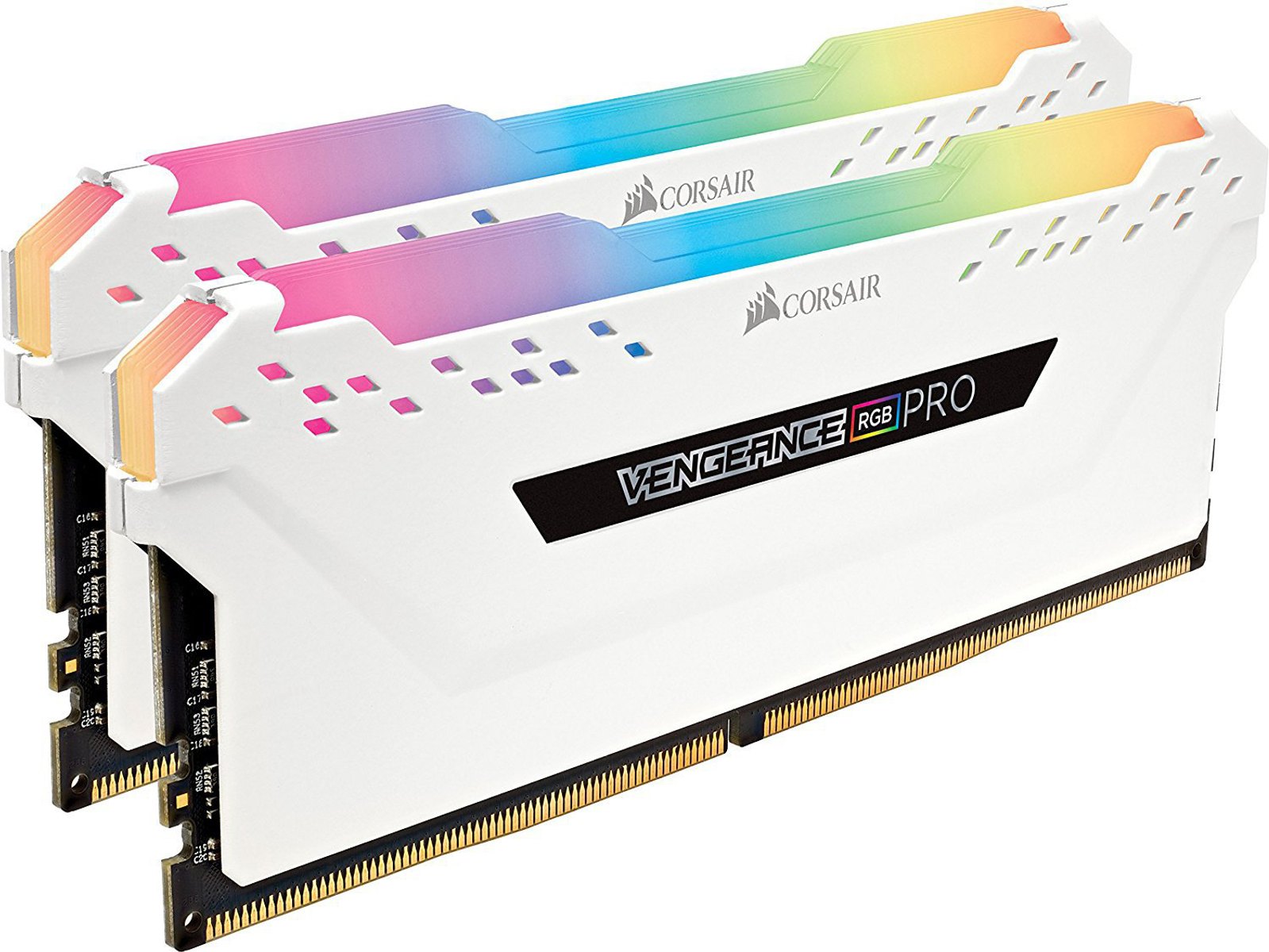 Dwa białe moduły RAM z podświetleniem RGB. Widoczna marka 'Corsair'.