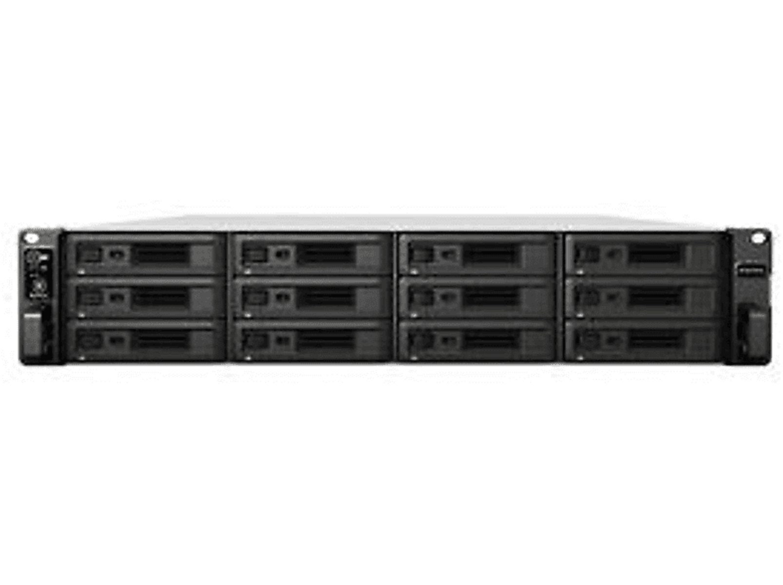 Schwarzer Server mit mehreren Laufwerksschächten. Das Gerät ist rechteckig und hat einen Power-Knopf.