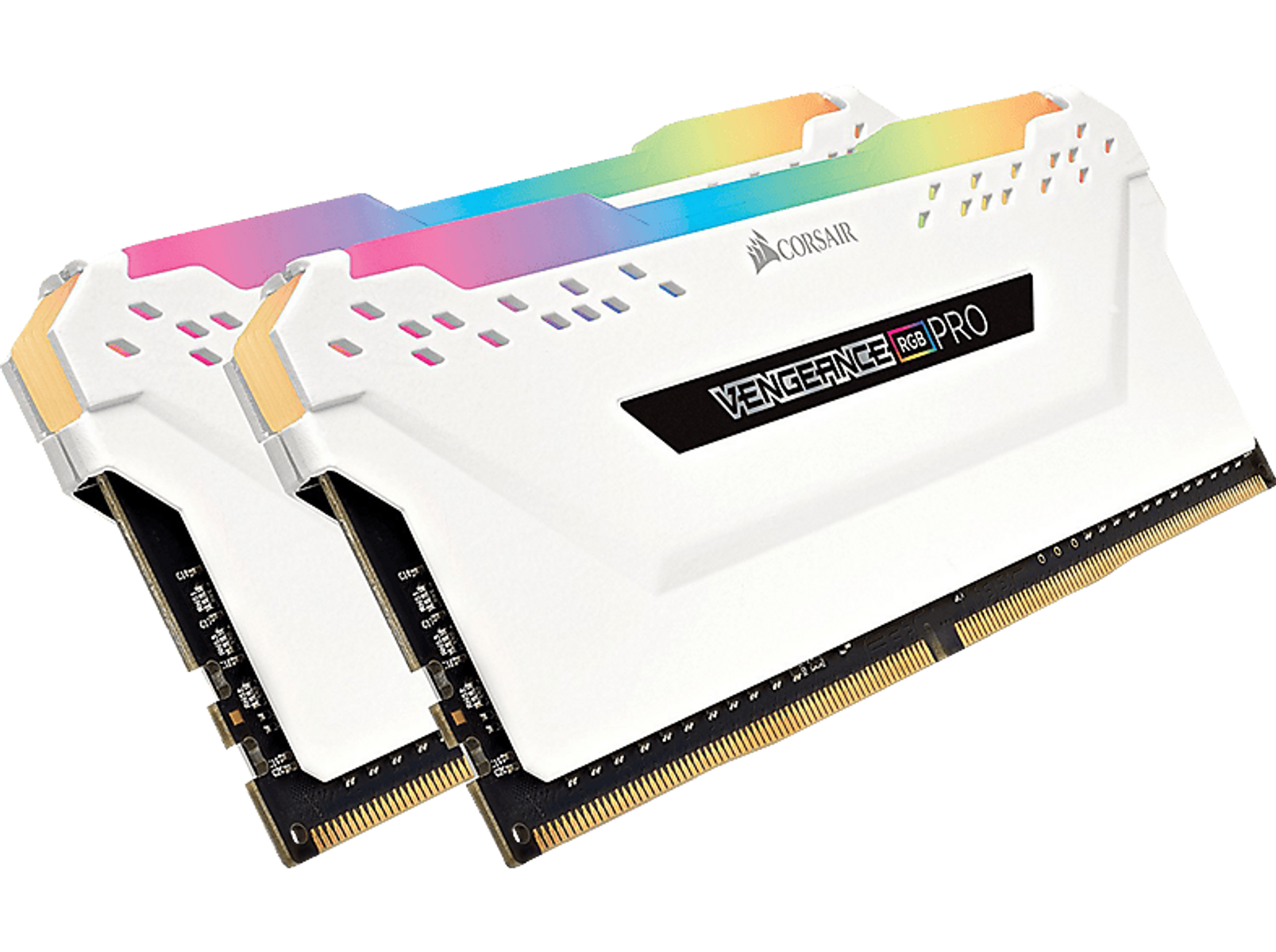 Dwa białe moduły RAM Corsair Vengeance RGB Pro ze złotymi akcentami.