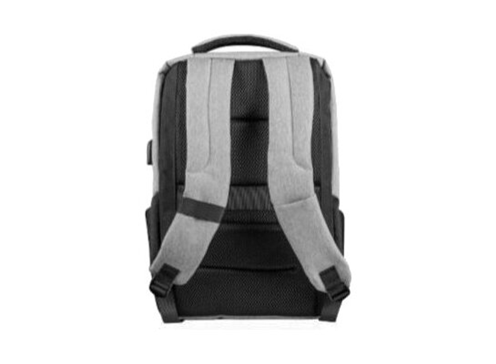 Tył szarego i czarnego plecaka. Widoczne są dwa paski i uchwyt.