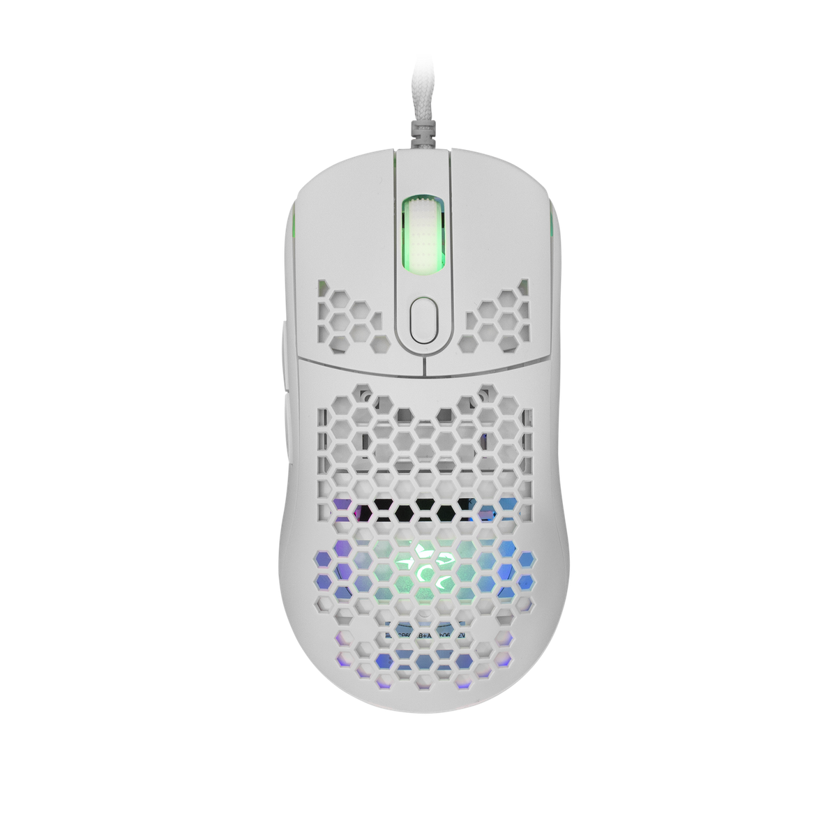 Mouse da gioco bianco con design a nido d'ape. Illuminazione RGB visibile. Cavo in alto.