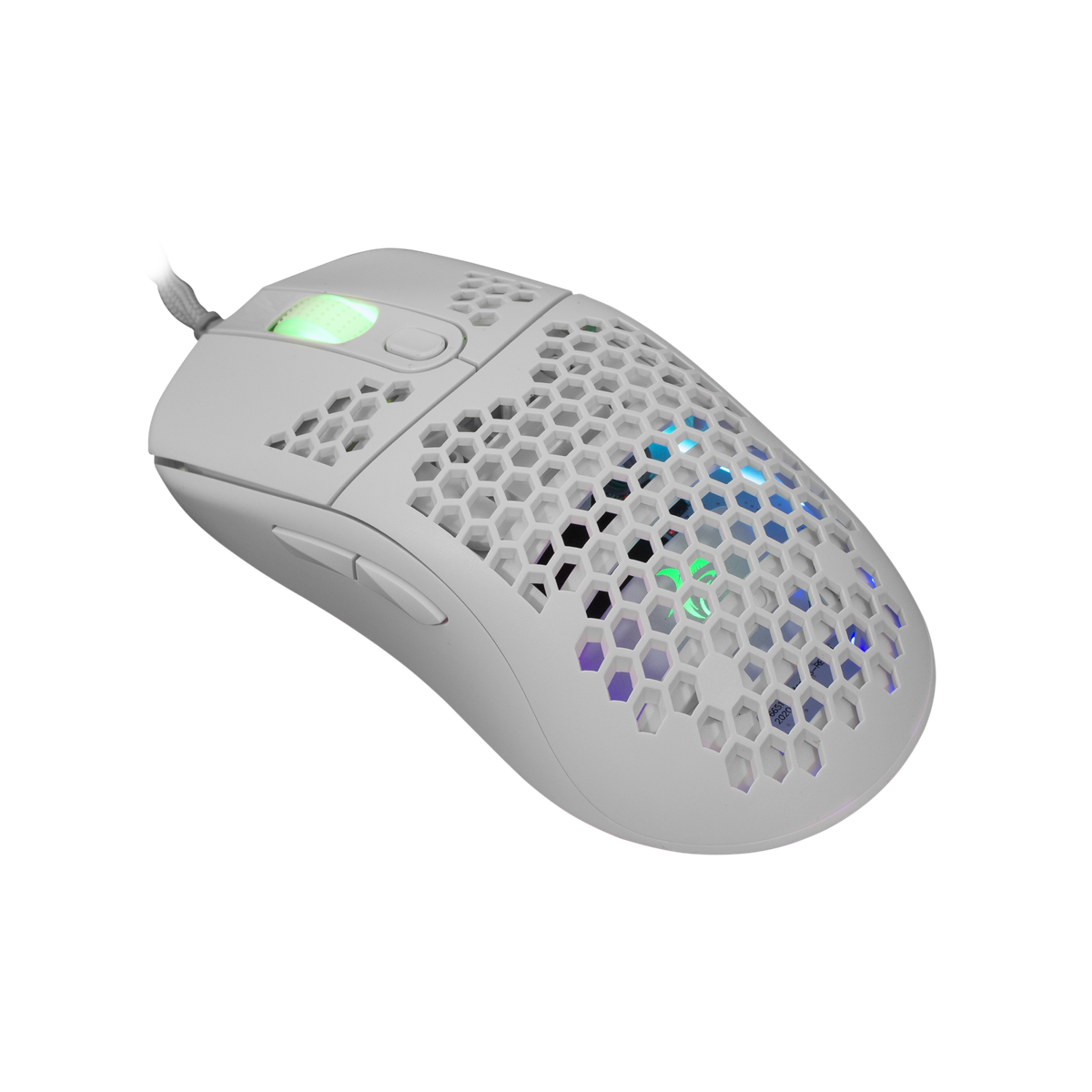 Mouse da gioco bianco con un design a nido d'ape. Ha pulsanti e luci colorate.