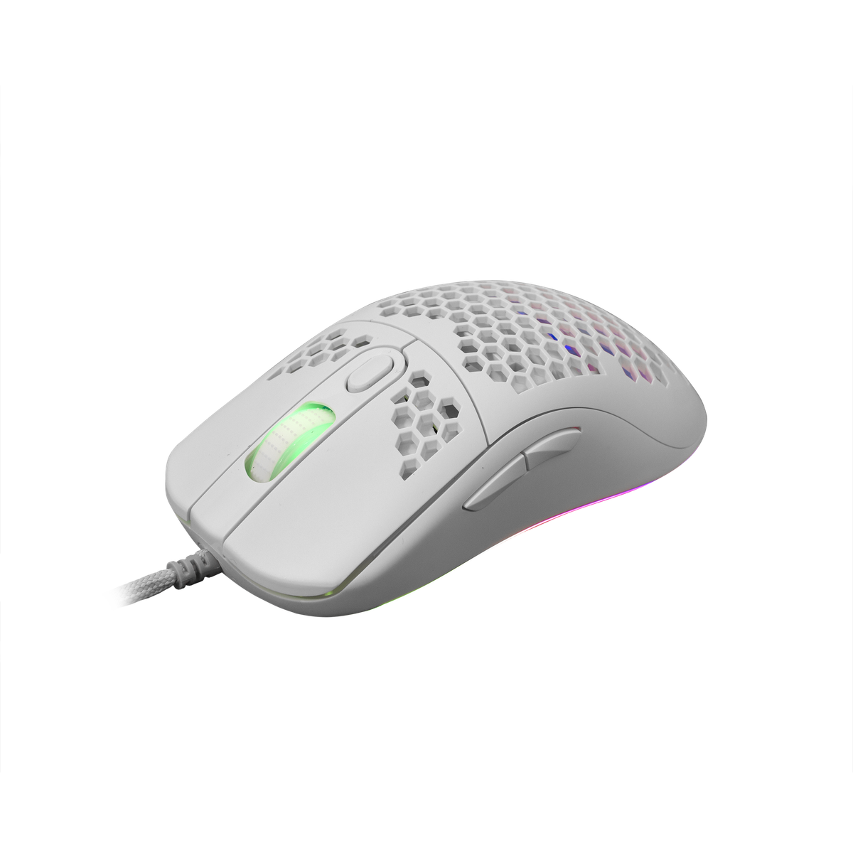 Un mouse da gioco bianco con design a nido d'ape e illuminazione RGB.
