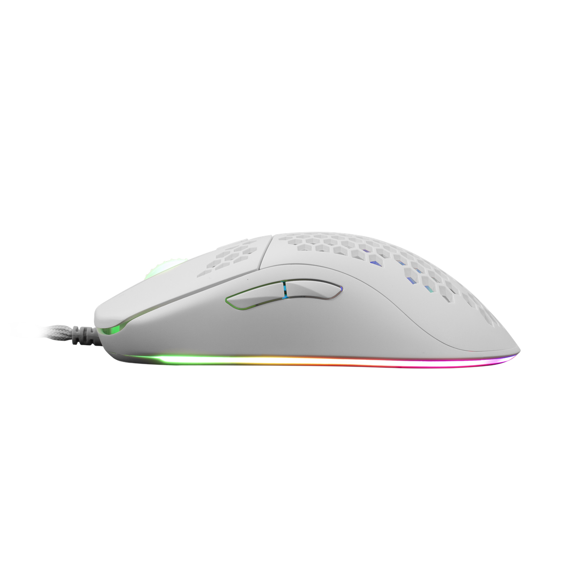 Mouse da gioco bianco con luci colorate sul fondo e sfondo nero.