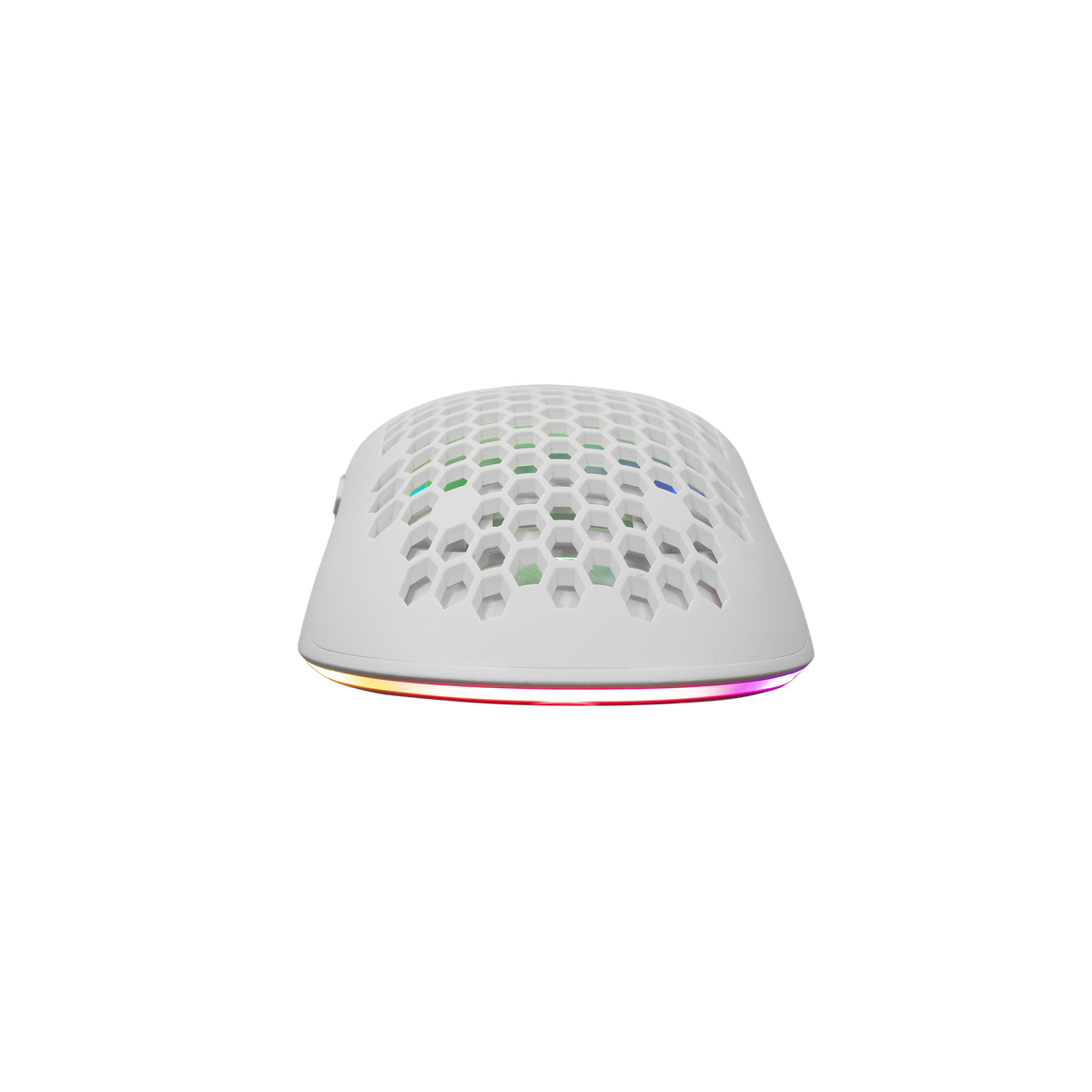 Mouse da gaming bianco con design a nido d'ape. Il mouse ha una striscia luminosa RGB sul fondo.