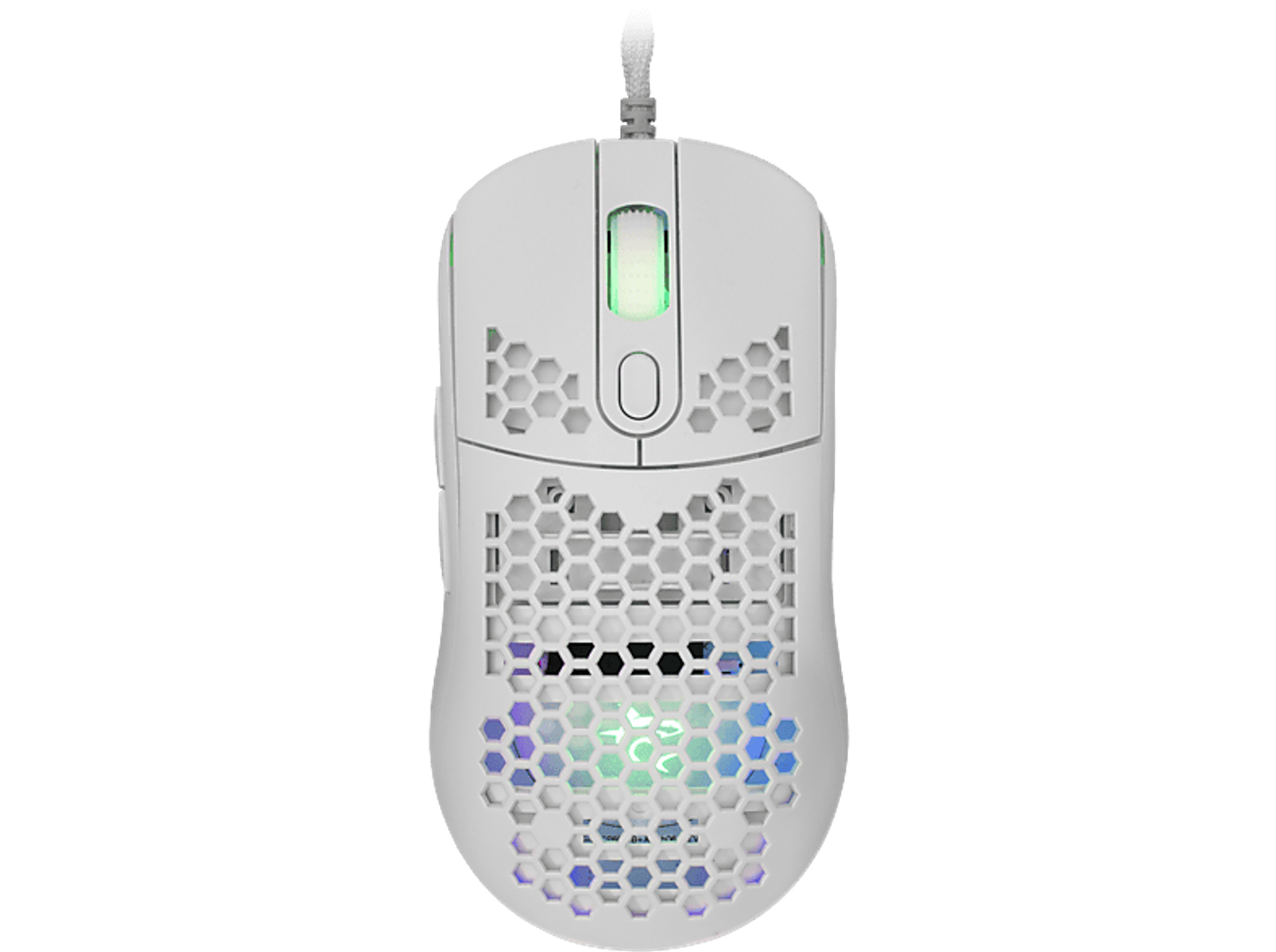 Mouse da gioco bianco con design a nido d'ape. Ha illuminazione RGB.