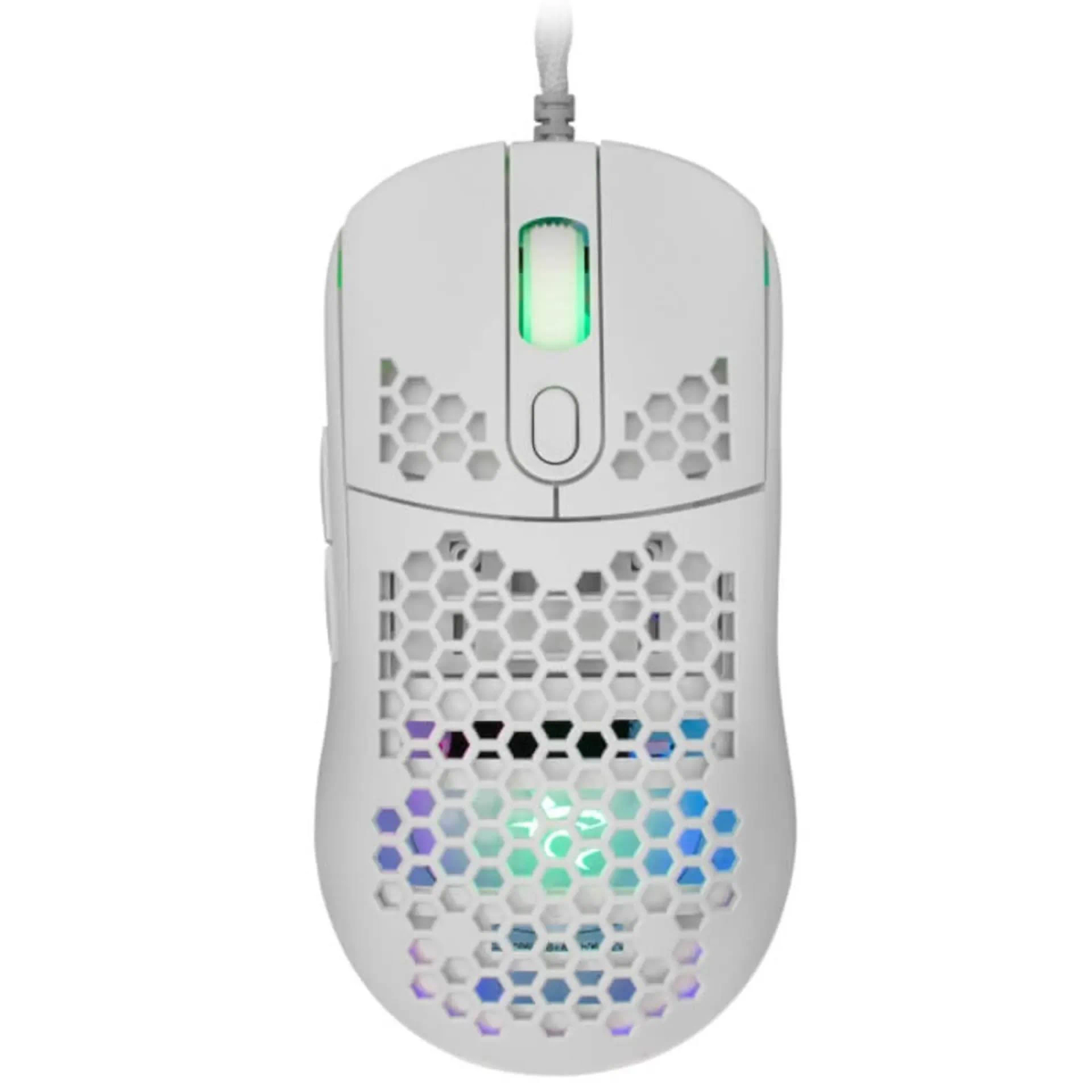 Mouse da gioco bianco con design a nido d'ape. Ha una rotella di scorrimento e pulsanti. Illuminazione RGB.