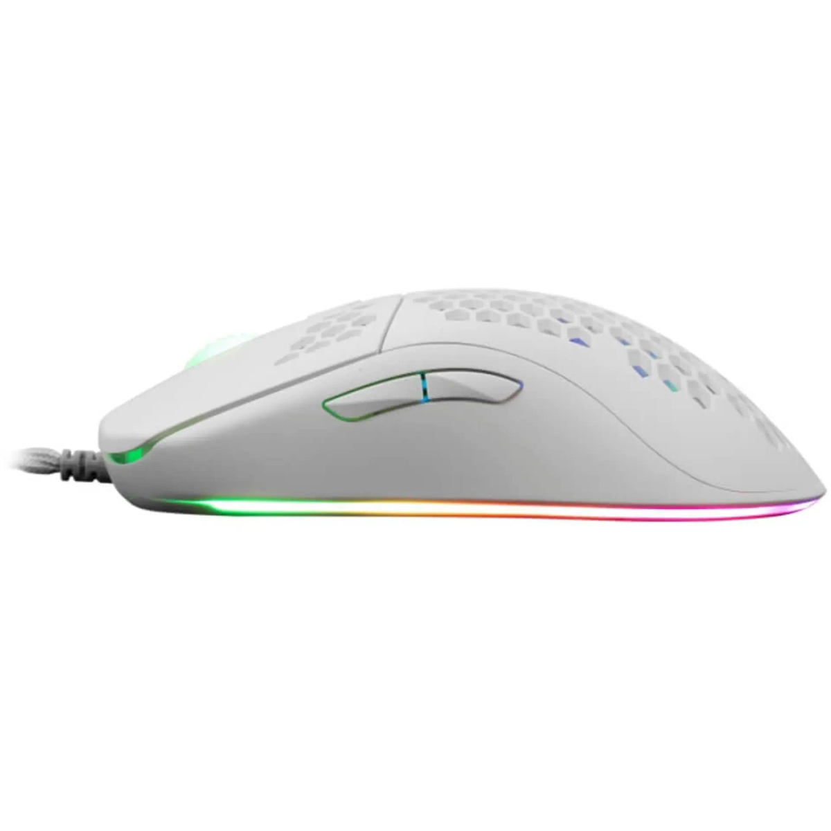 Mouse da gioco bianco con design a nido d'ape e illuminazione RGB.