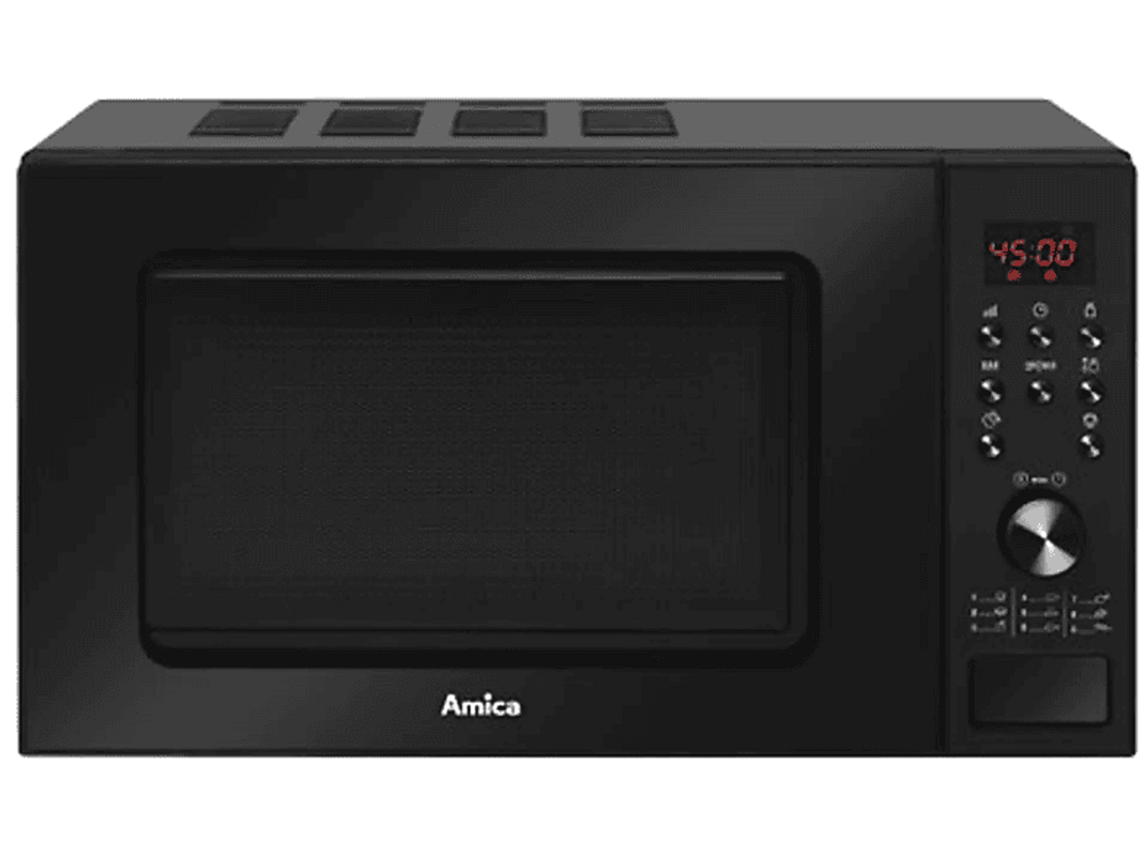 Czarna kuchenka mikrofalowa z wyświetlaczem cyfrowym i panelem sterowania.
