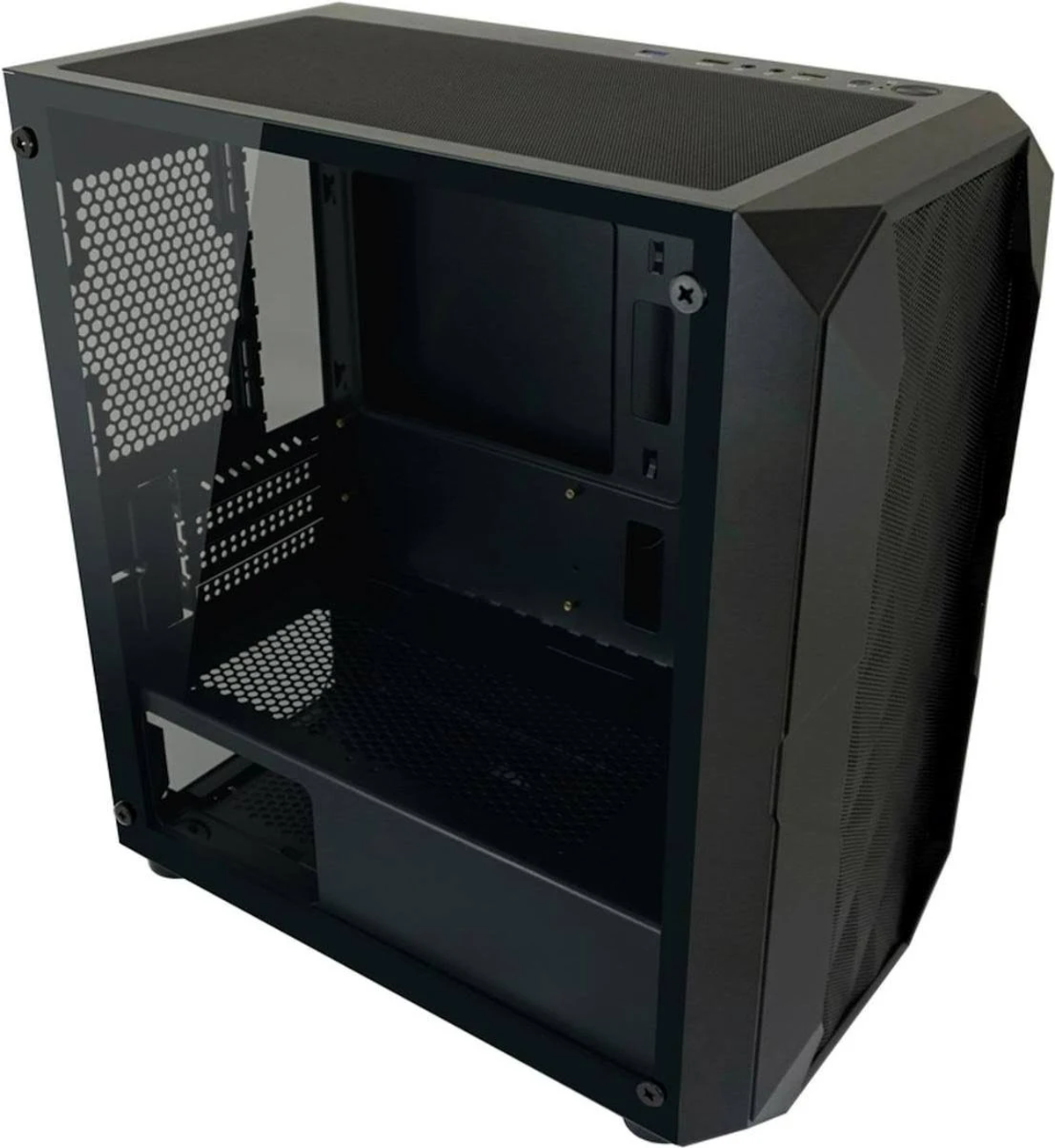 Case per computer nero con un pannello laterale in vetro. La parte anteriore ha un design angolare. Sfondo bianco.