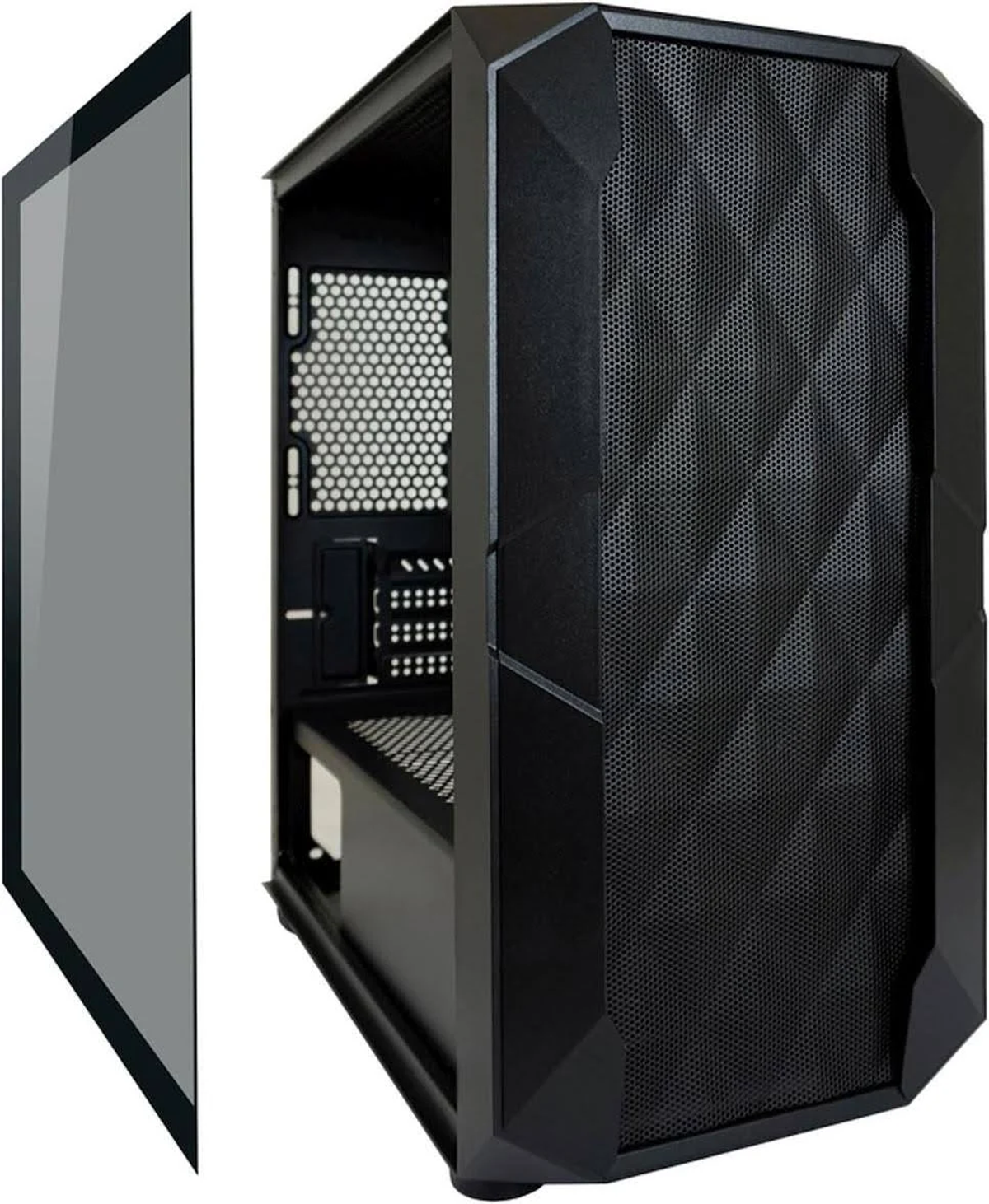 Case per computer nero con pannello laterale in vetro, che mostra componenti interni e frontale a rete.