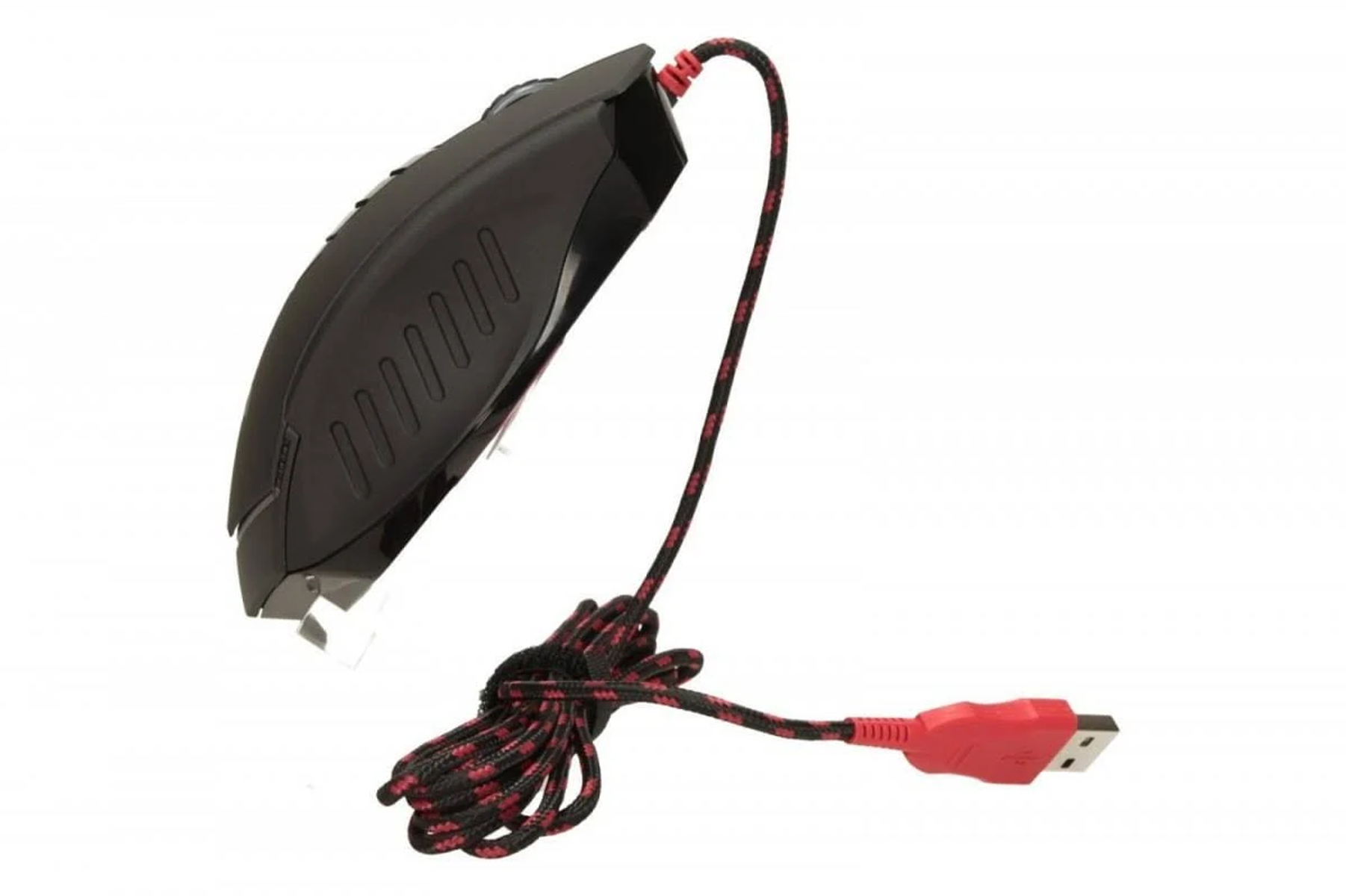 Czarna mysz do gier z czerwono-czarnym plecionym kablem i czerwonym złączem USB.