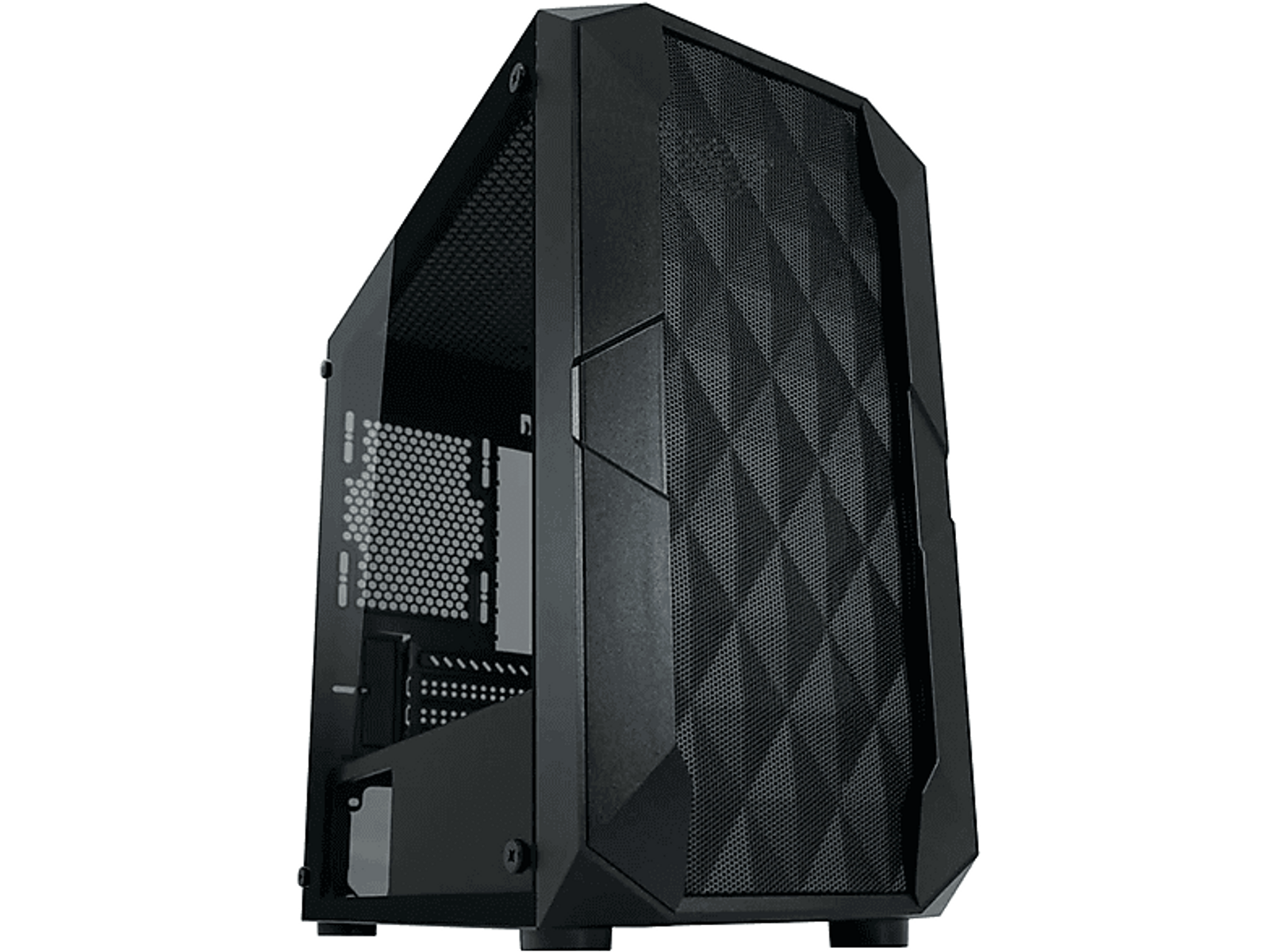 Un case per computer nero con un frontale a motivi geometrici. Il case ha un pannello laterale in vetro e una ventola.