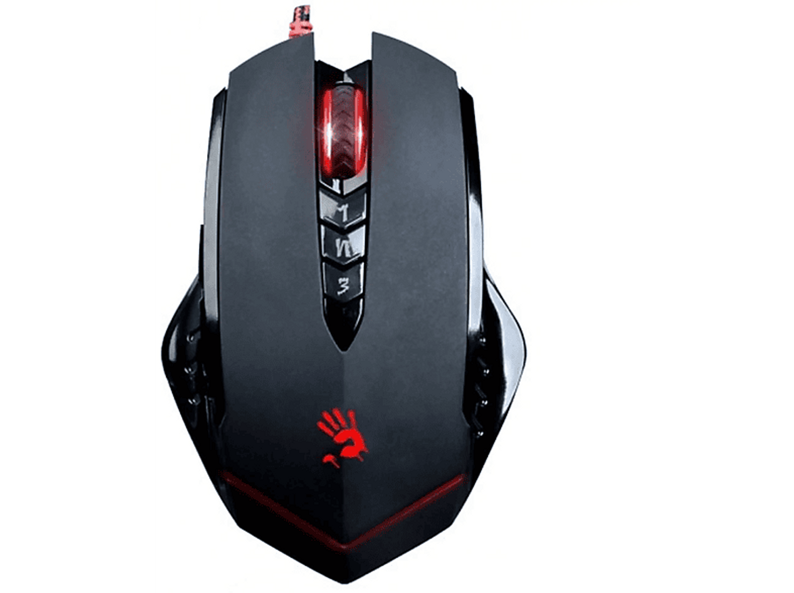 Czarna mysz do gier z czerwonymi akcentami i logo. Białe tło.