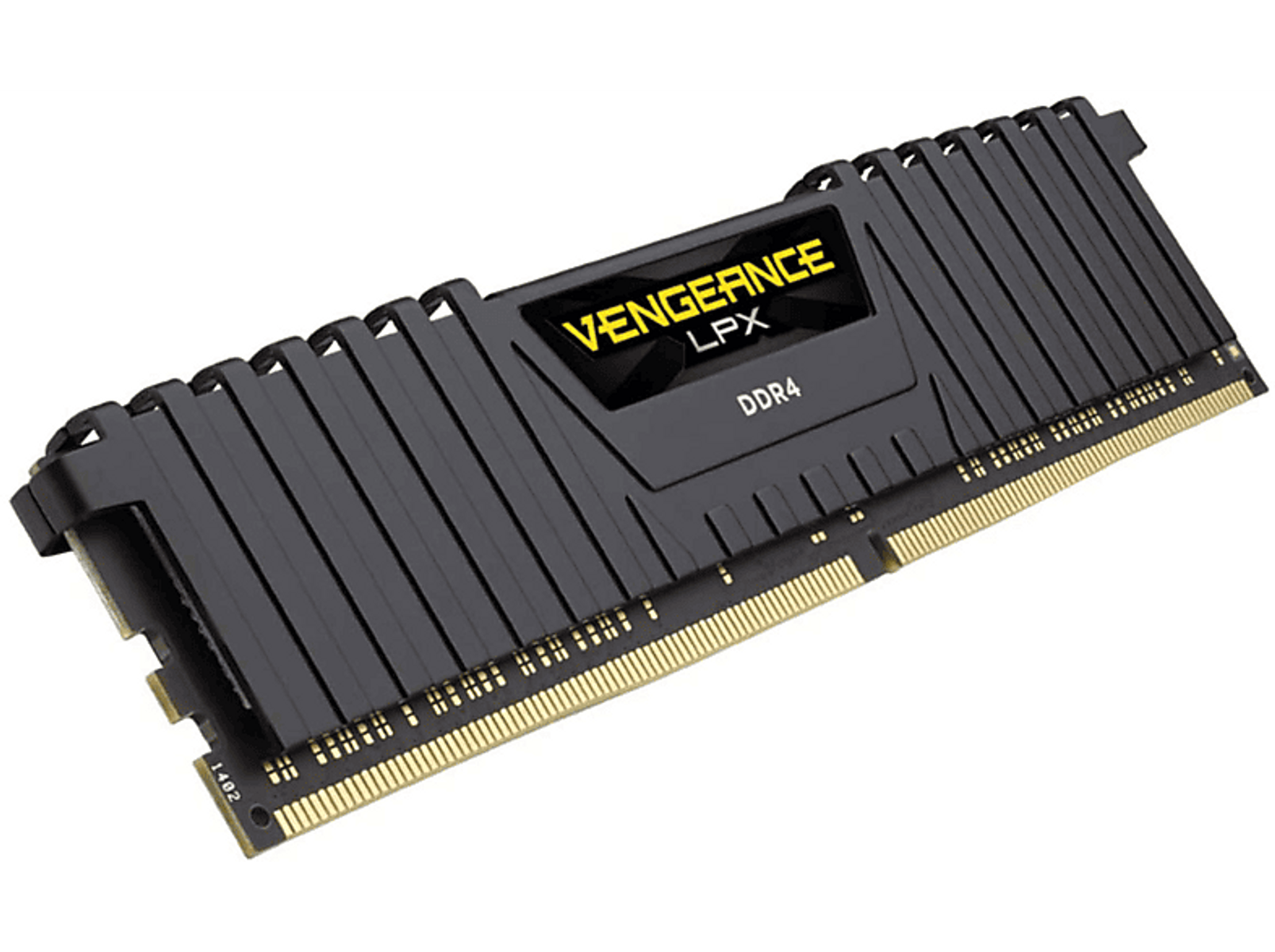 Ein schwarzes DDR4 RAM-Modul mit dem Markennamen Vengeance LPX und goldenen Akzenten.