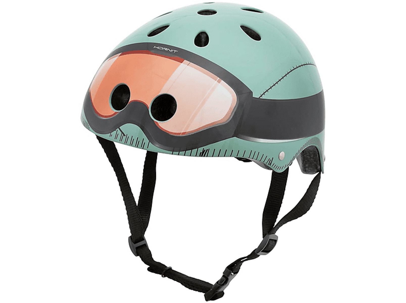 Ein mintgrüner Fahrradhelm mit Visier und schwarzen Riemen. Brillenartiges Visier in Orange.