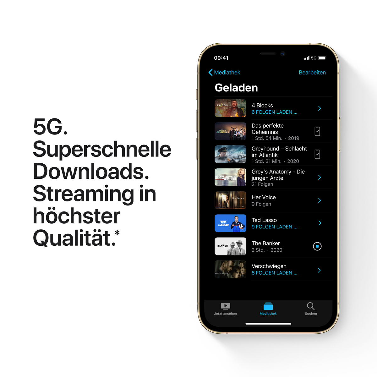 iPhone wyświetlający aplikację z opcjami pobierania. Tekst na ekranie: 5G. Superszybkie pobieranie.