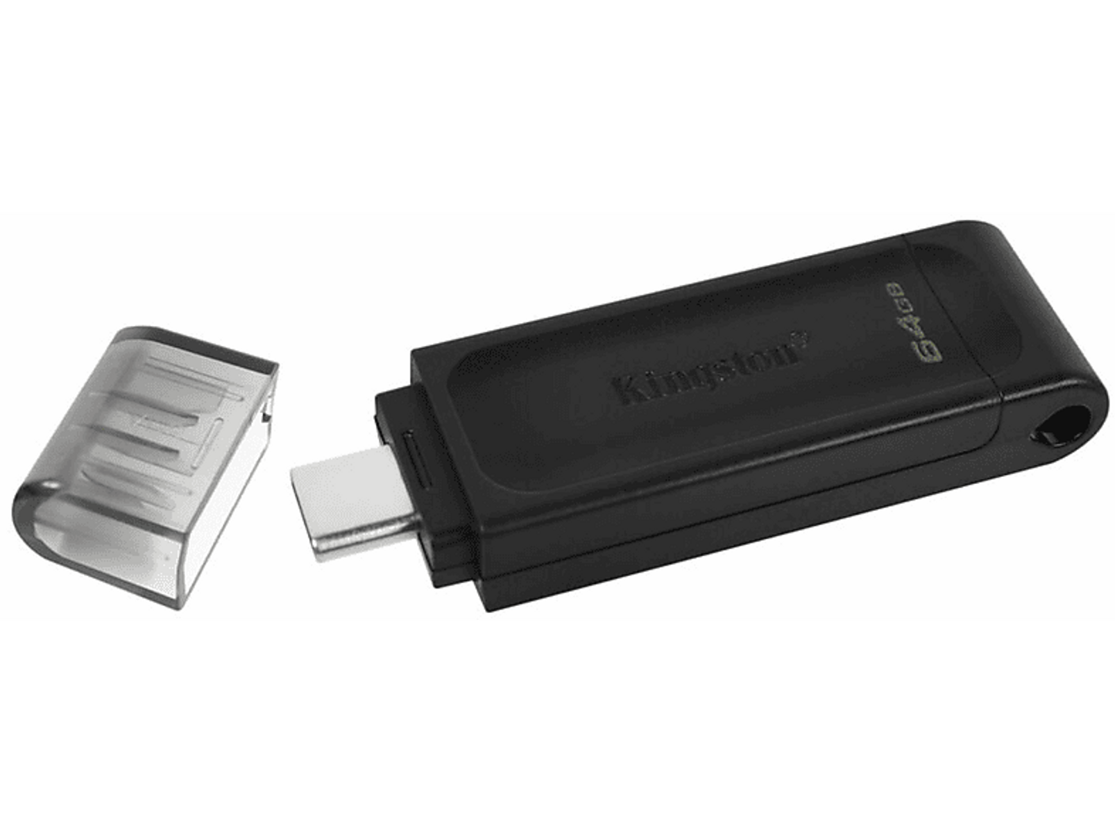 Czarny pendrive Kingston z odłączoną osłoną na czarnym tle.