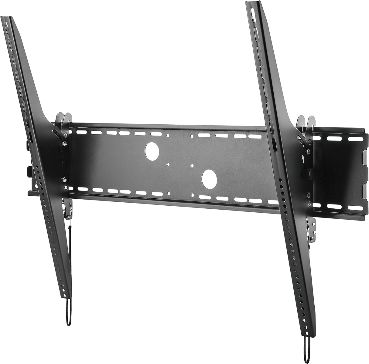 Schwarze TV-Wandhalterung mit zwei Armen und Befestigungslöchern.