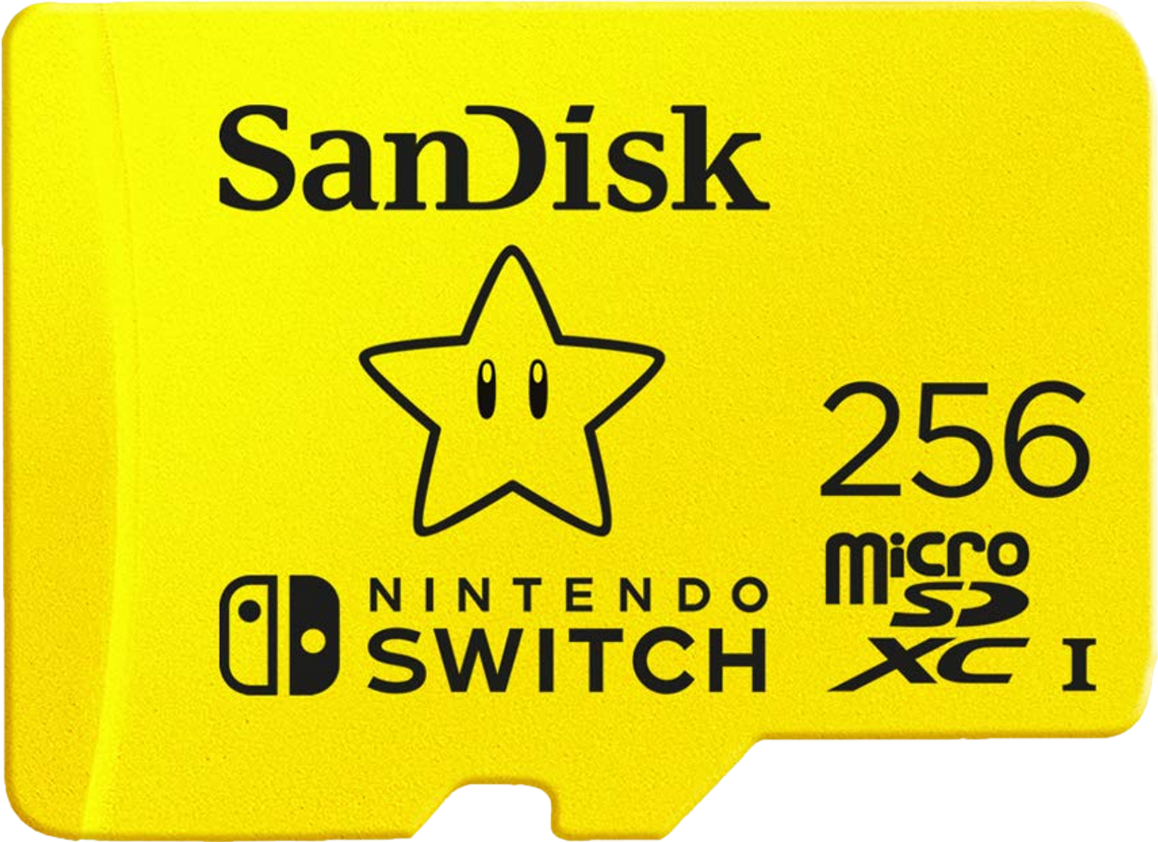Scheda MicroSD SanDisk gialla con logo Nintendo Switch e capacità 256 GB.